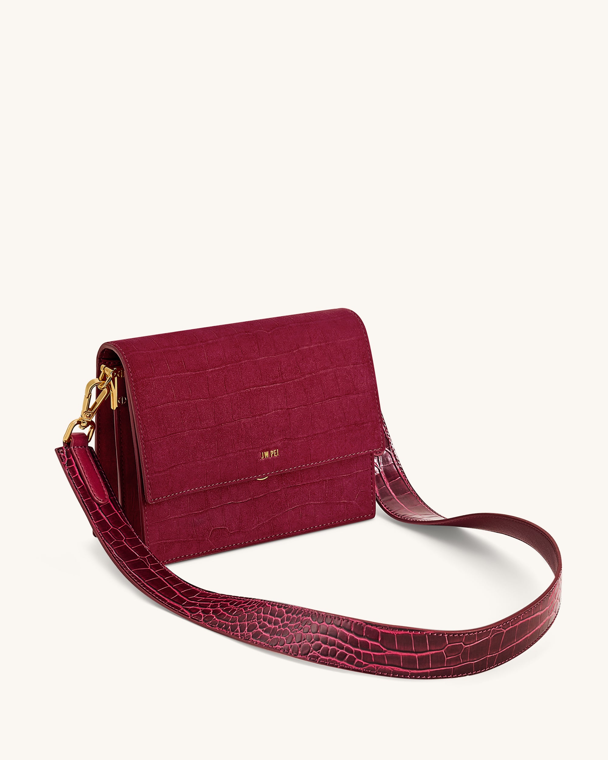 Mini Flap Faux Suede Croc Embossed Crossbody - Burgundy | JW PEI