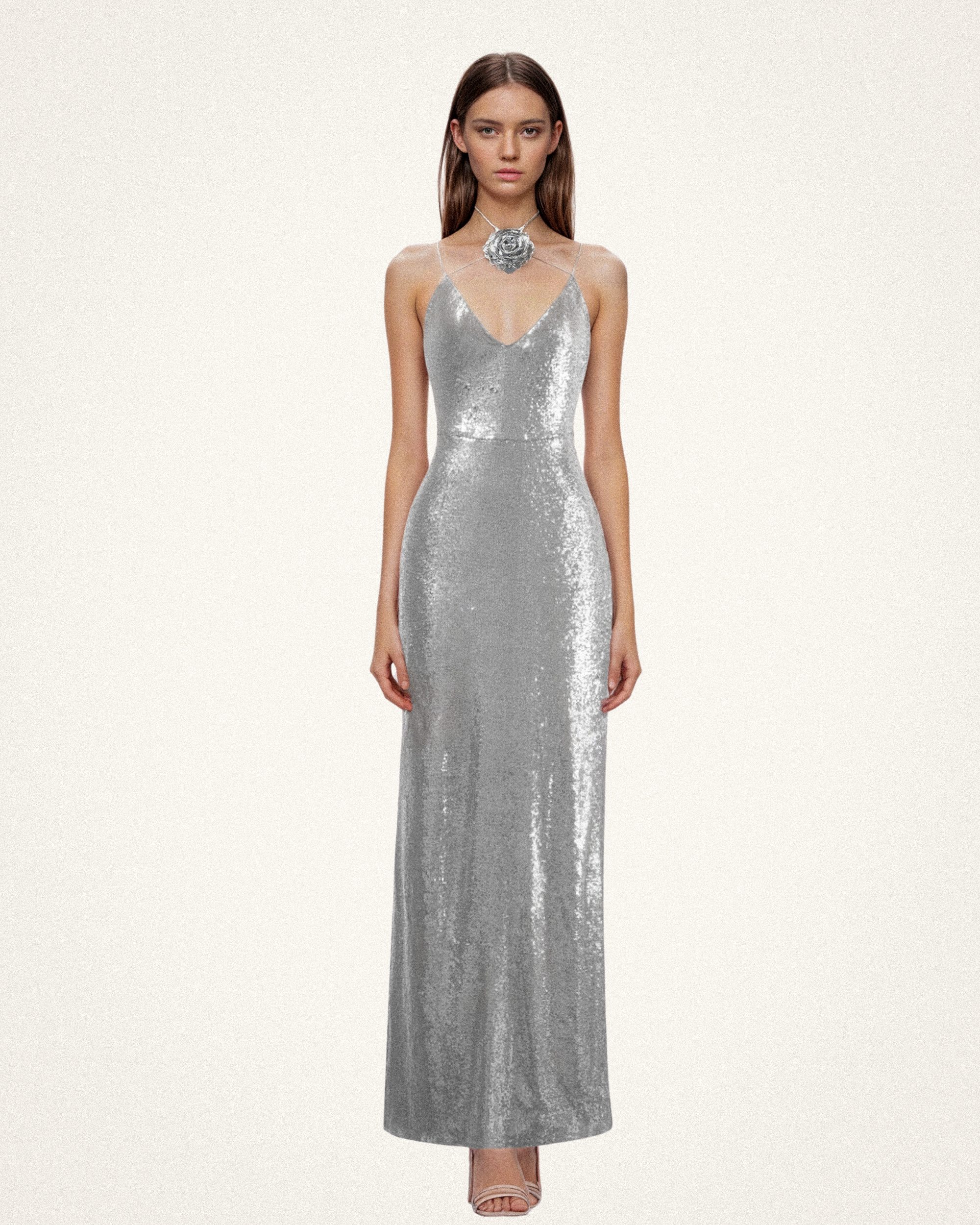 Heisey Silver Sequinned Rosette Maxi Dress - Silver | JW PEI Heisey Silver Sequinned Rosette Maxi Dress - Silver | JW PEI