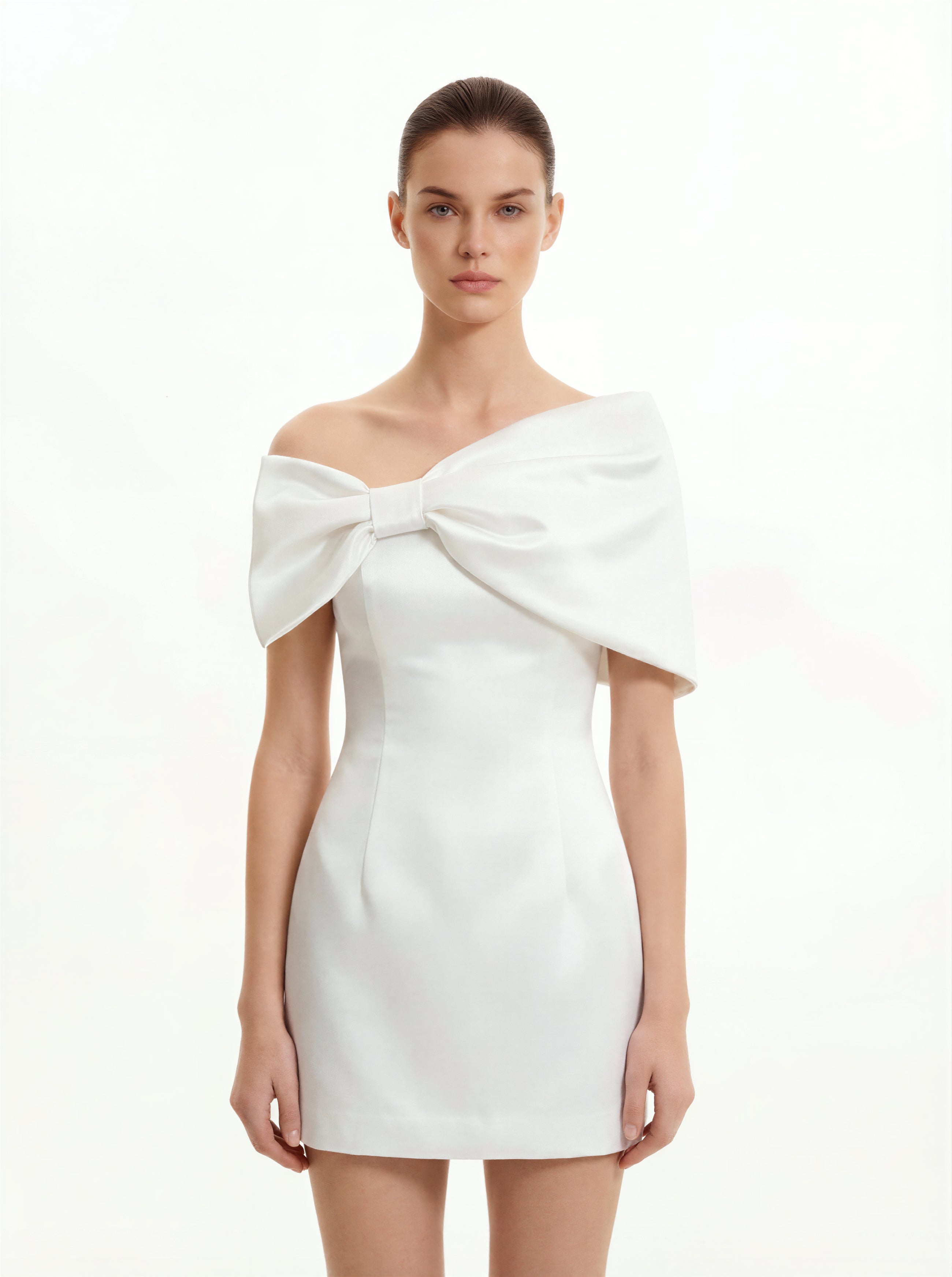 Satin Asymmetric Bow Mini Dress - White