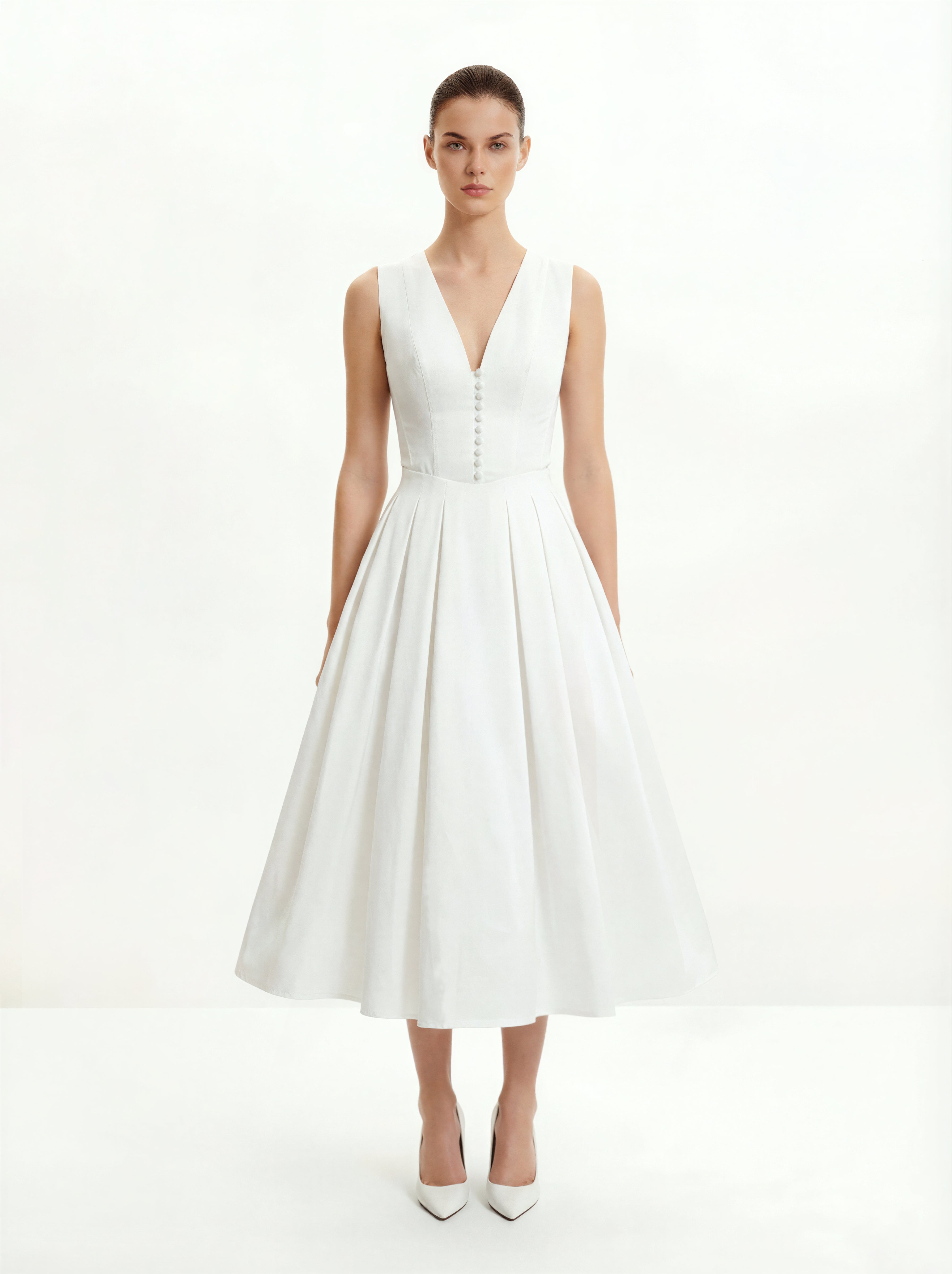 pleated v neck midi dress Front V-Neck - White Adjustable waist to tailor Size:6/12m Fall In Love Orange red carpet formal gown