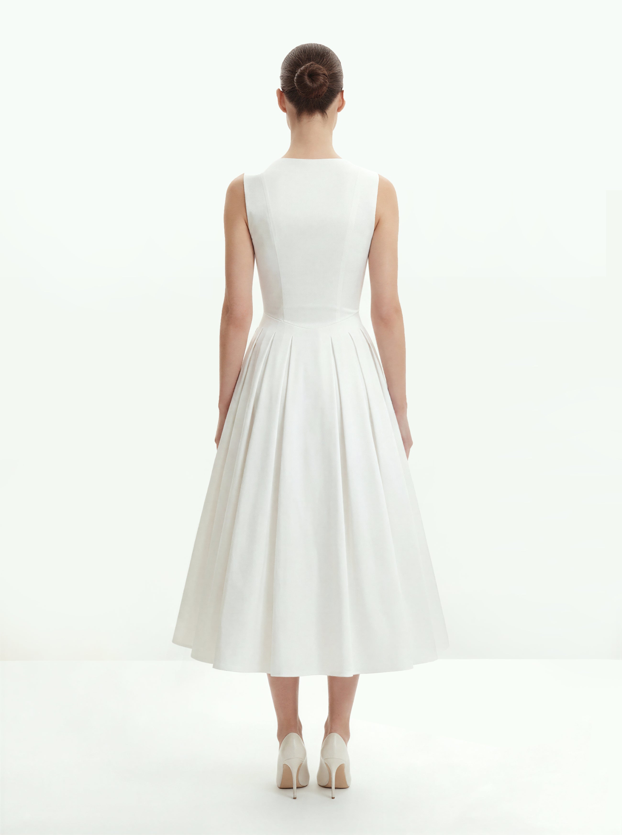 Front V-Neck Pleated Midi Dress - White