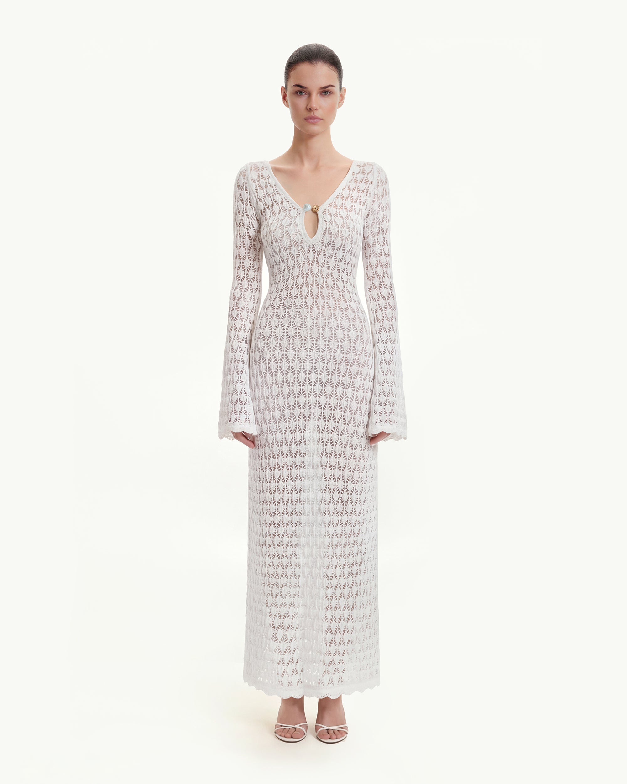 Pointelle Knit Keyhole Maxi Dress - White 8 | UK Pointelle Knit Keyhole Maxi Dress - White 8 | UK