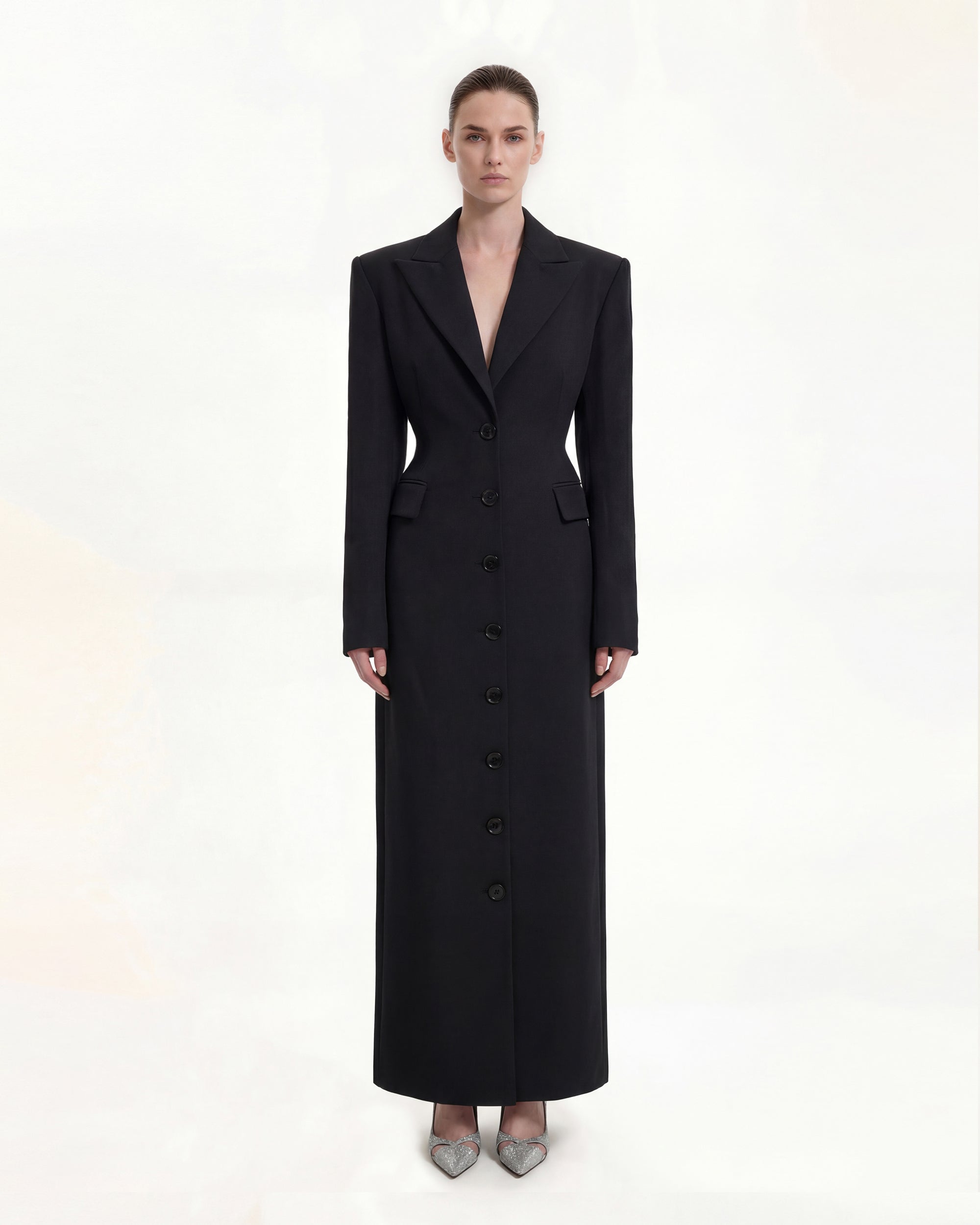 fitted lace wedding dress Structured Shoulder Fitted Lapel Maxi Coat - Black 8