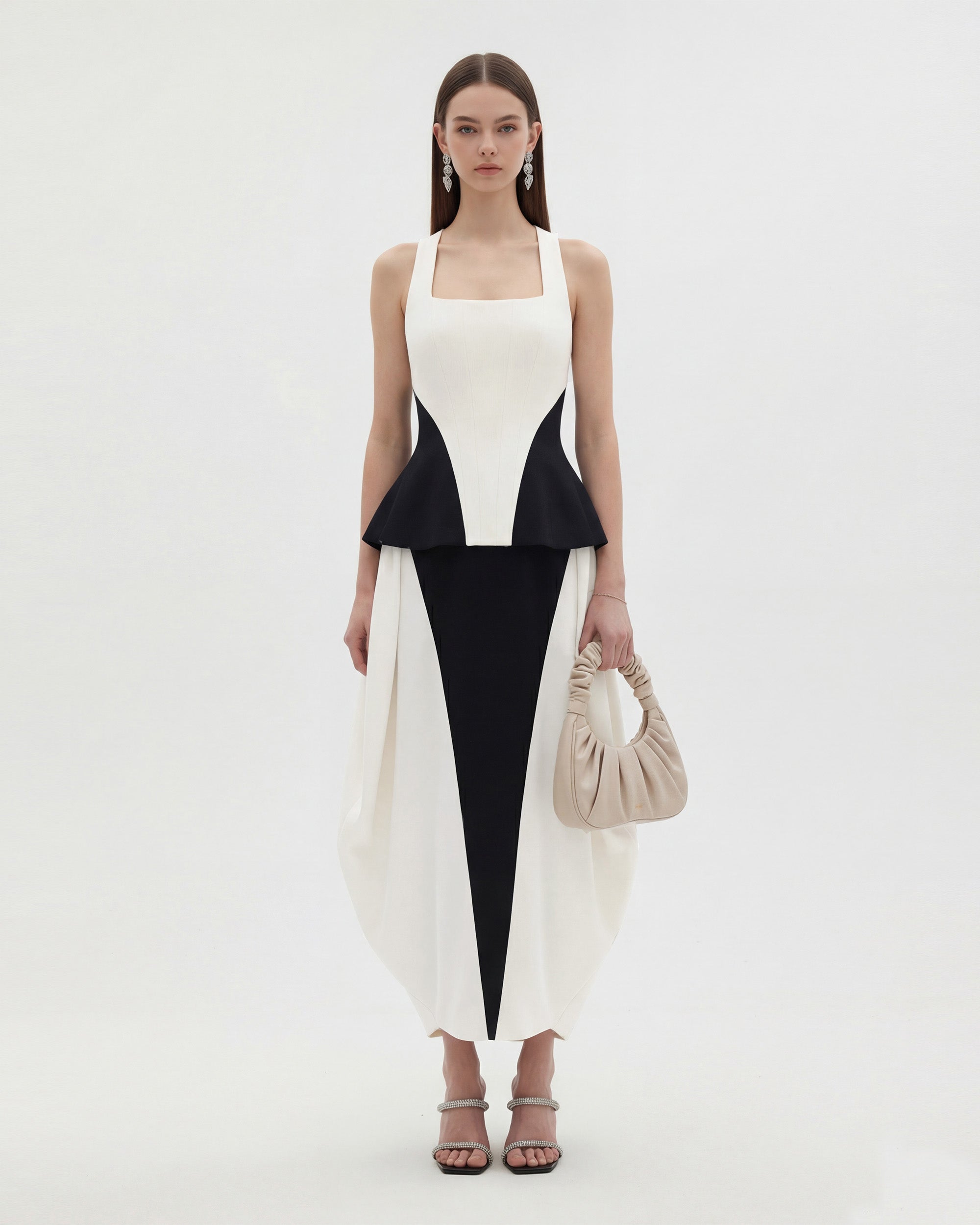 Monochrome Paneled Structured Pannier Maxi Skirt - Black | JW PEI