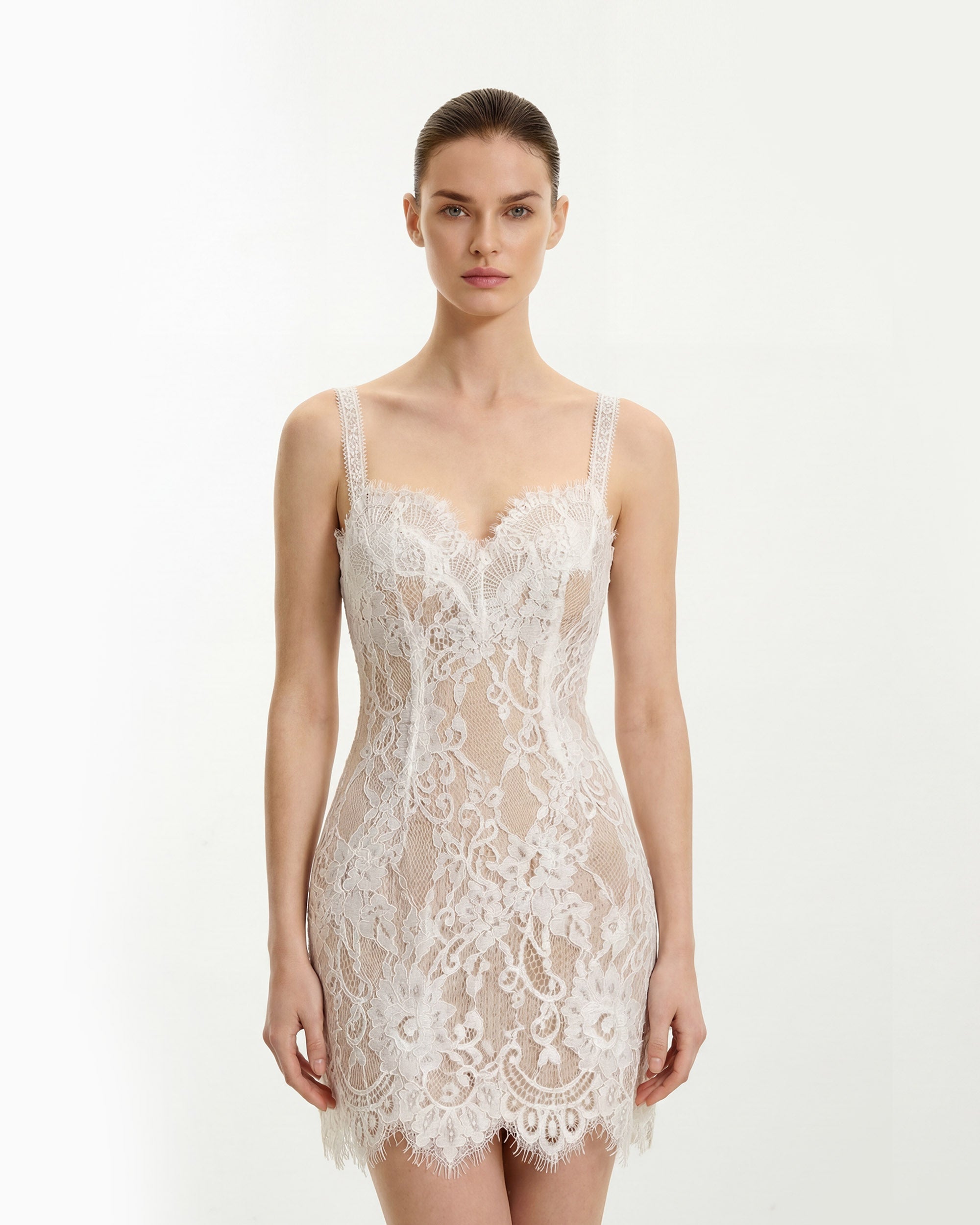 Eyelash Lace Bustier Bodycon Dress - White 6