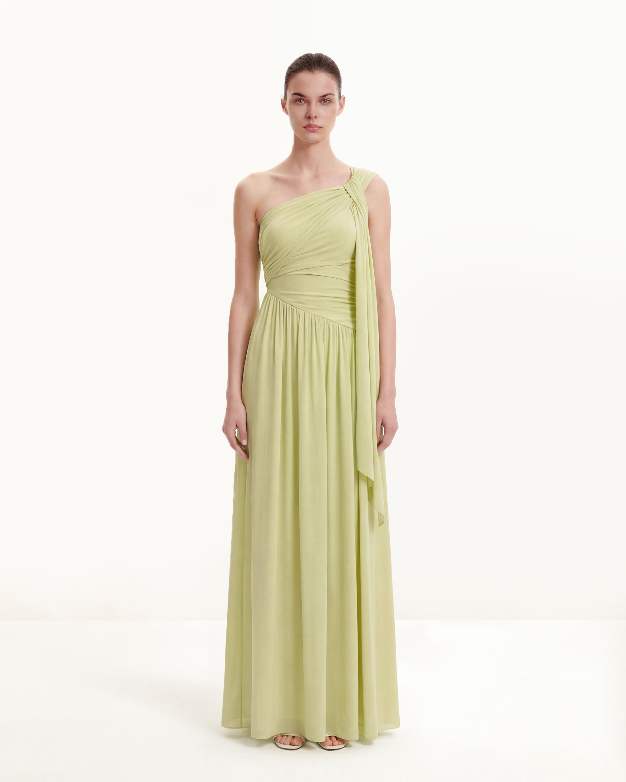 Ruched One-Shoulder Maxi Dress with Trailing Sash Ruched One-Shoulder Maxi Dress with Trailing Sash
