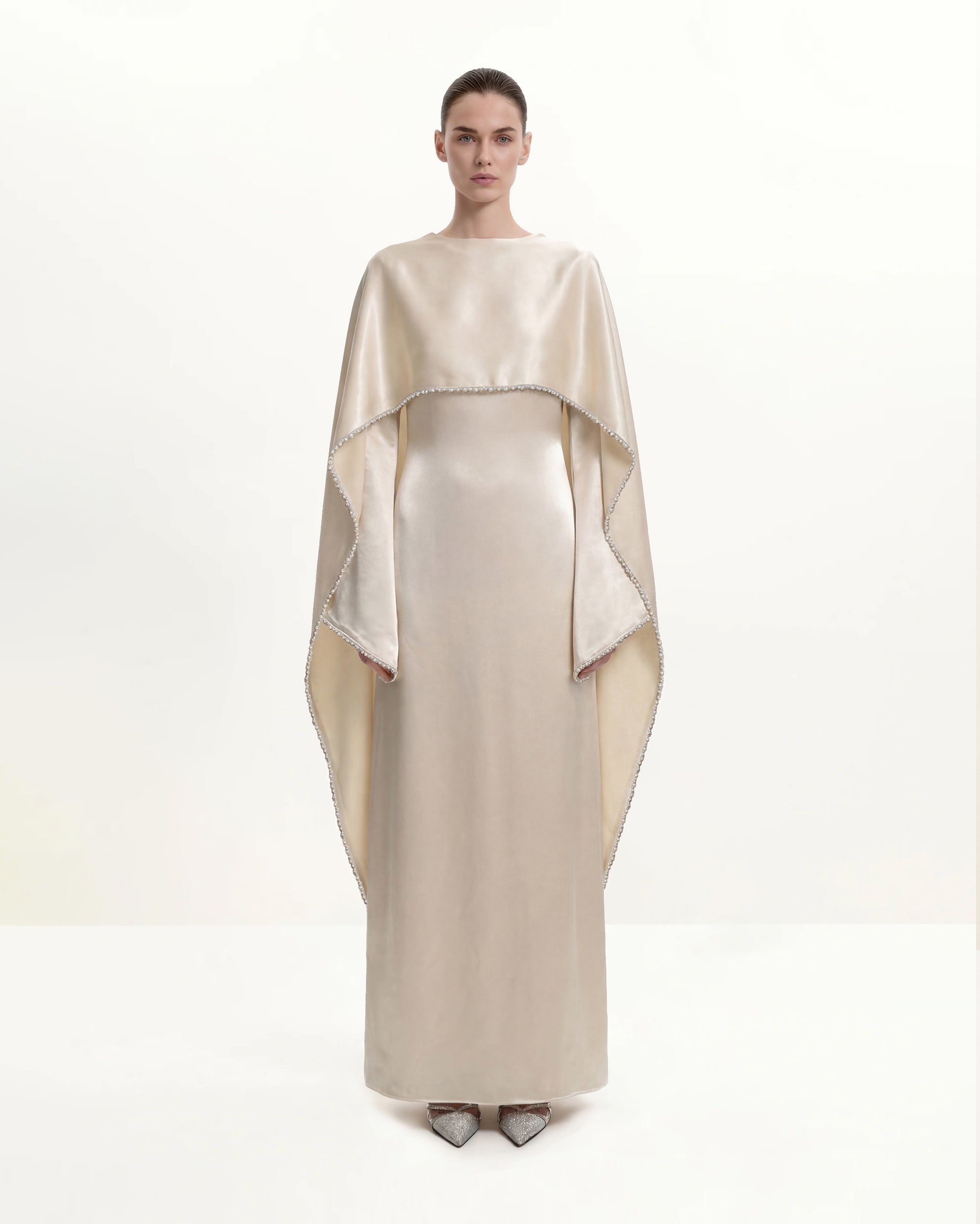 198Pearl-Trimmed Cape Sleeve Boat Neck Maxi Gown-Cream 6 | US