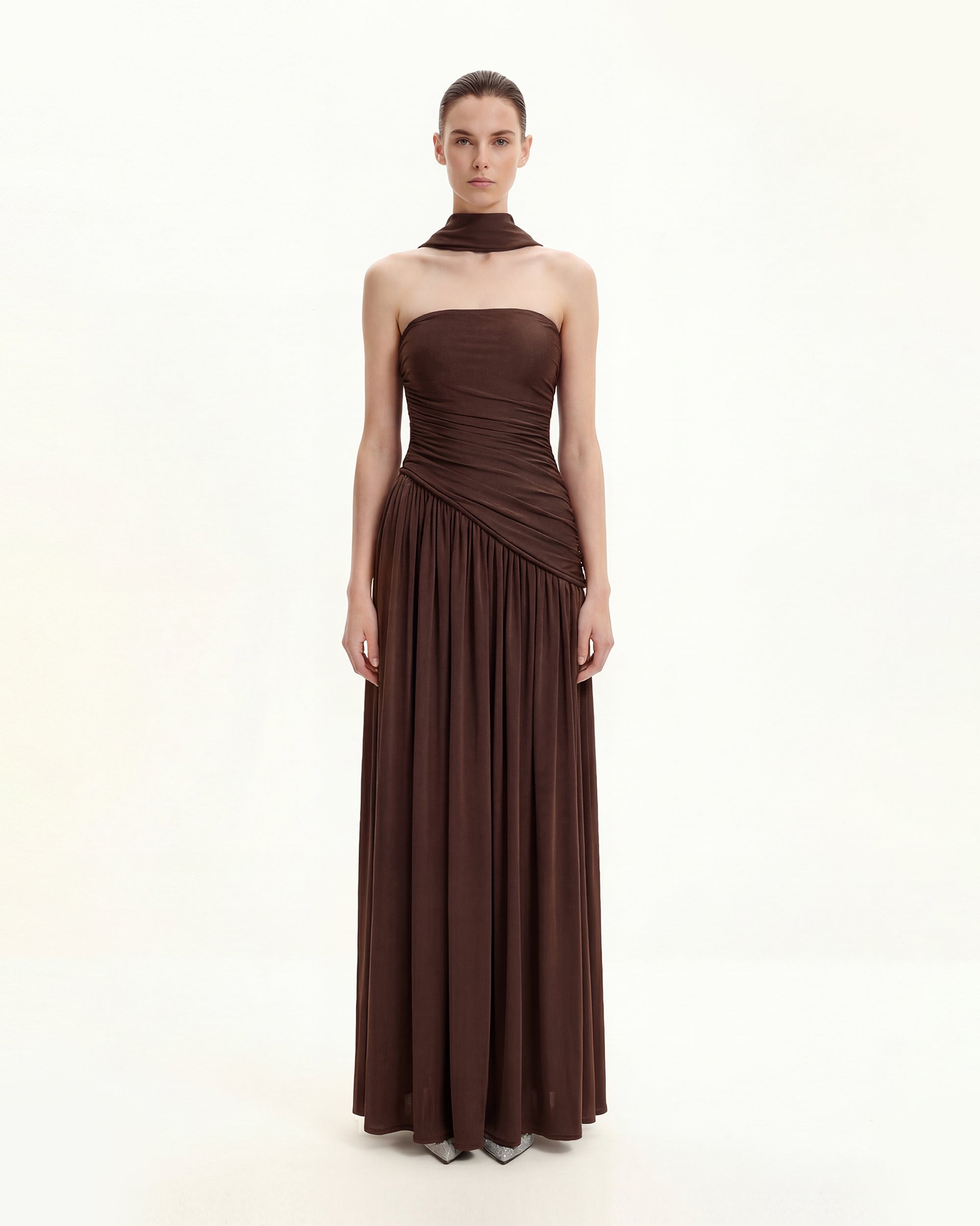 Ruched Panel Strapless Maxi Dress - Brown 8