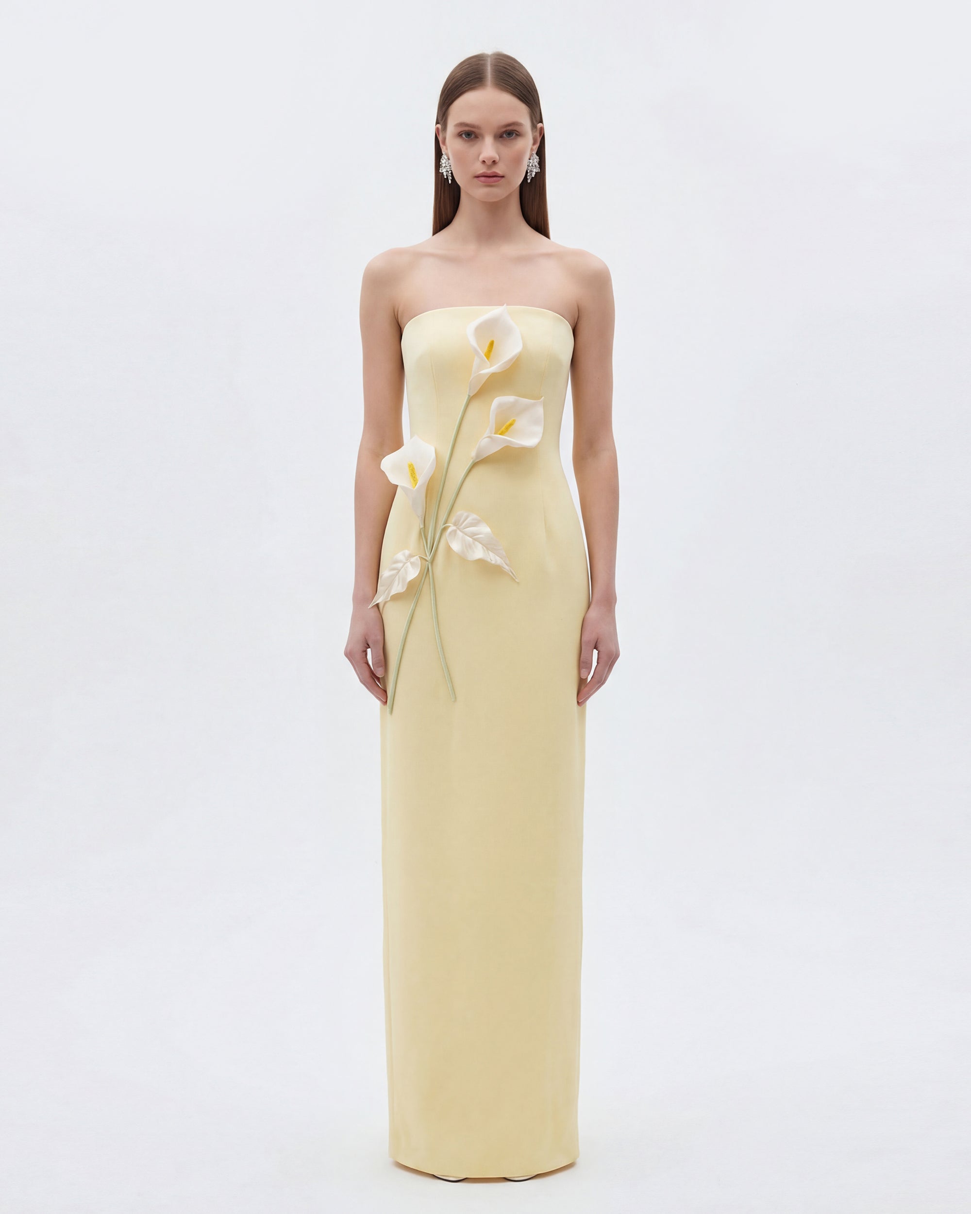 yellow dress flowers Floral Appliqué Strapless Dress - Yellow