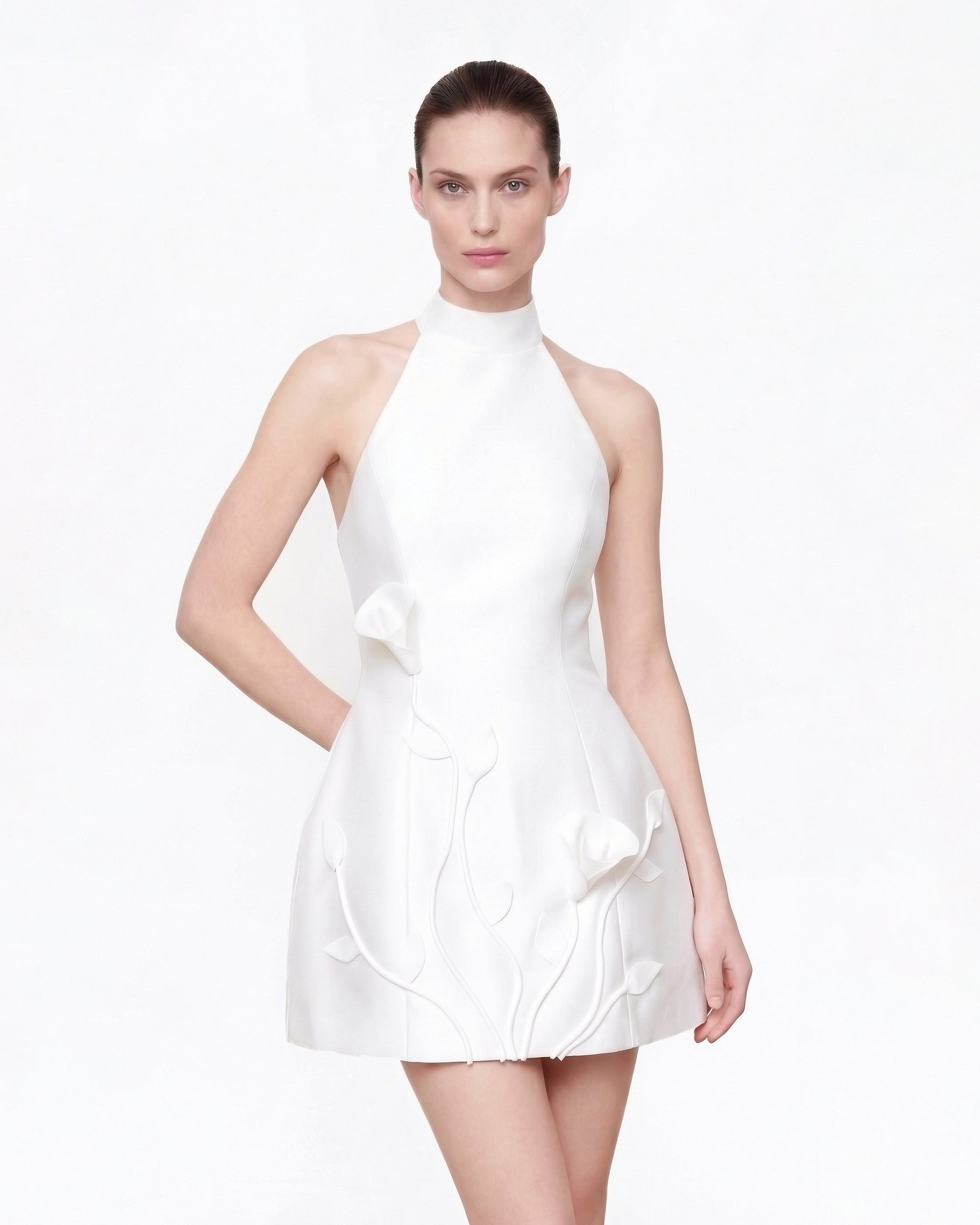 3D Floral Halter Mini Dress - White | JW PEI