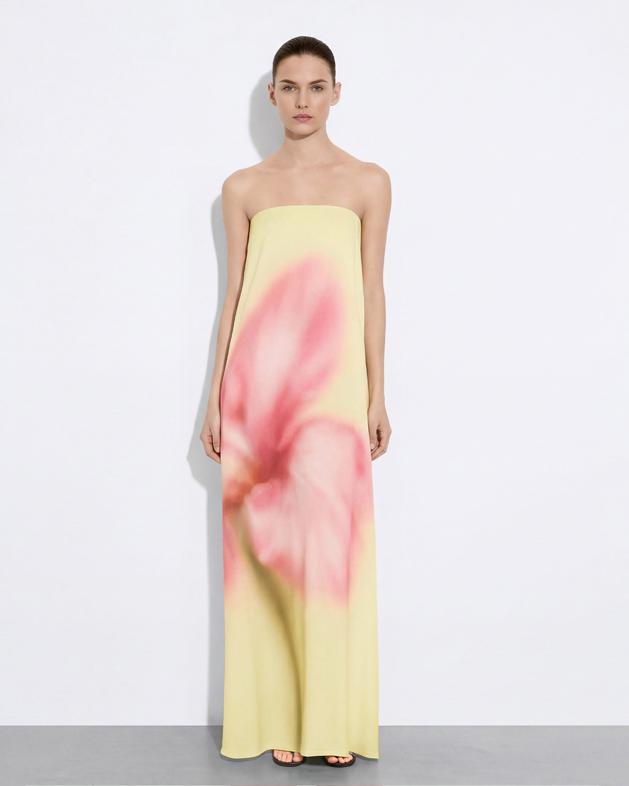 Watercolor Floral Print Strapless Maxi Dress - Yellow | JW PEI