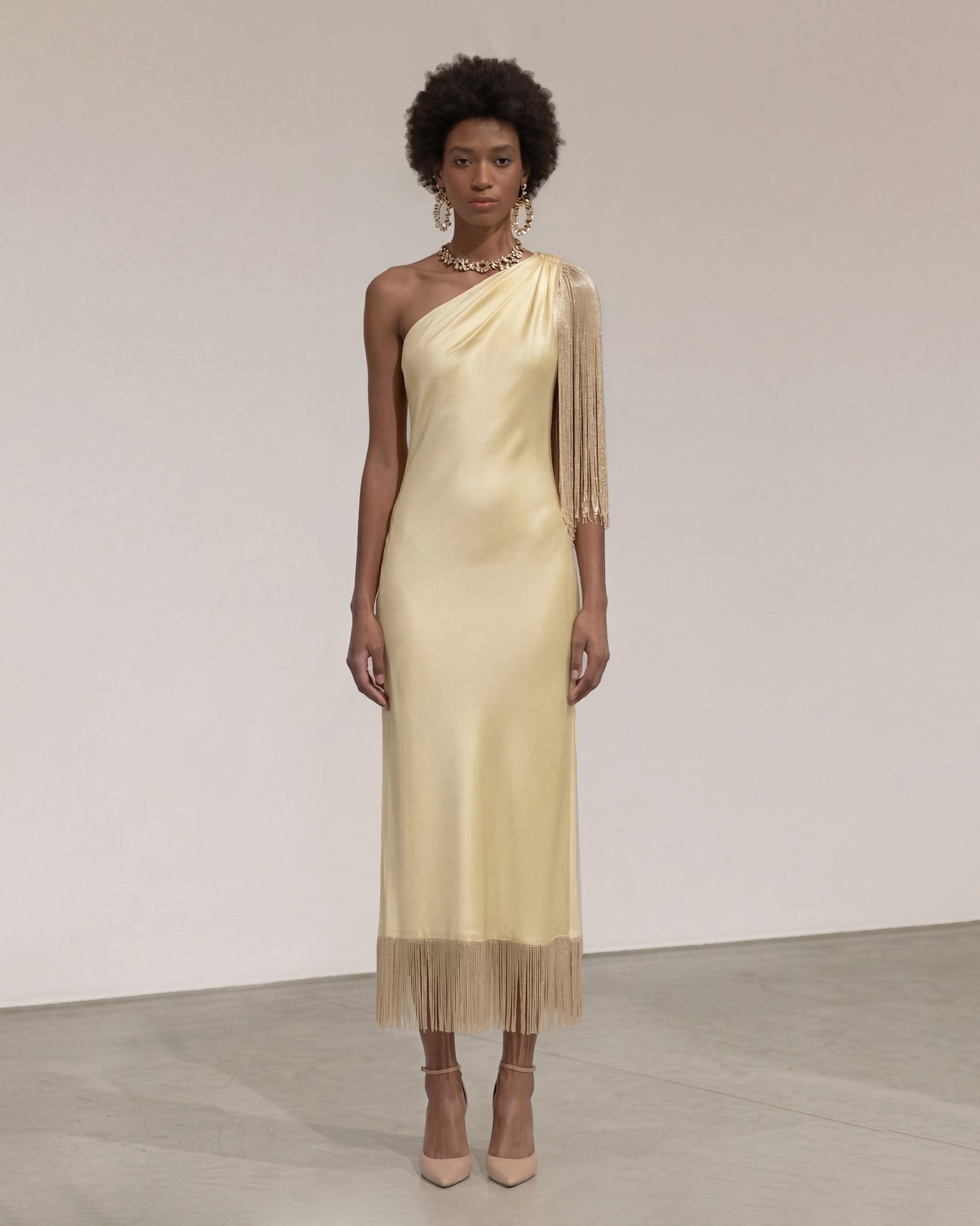One Shoulder Fringe Midi Dress - Champagne