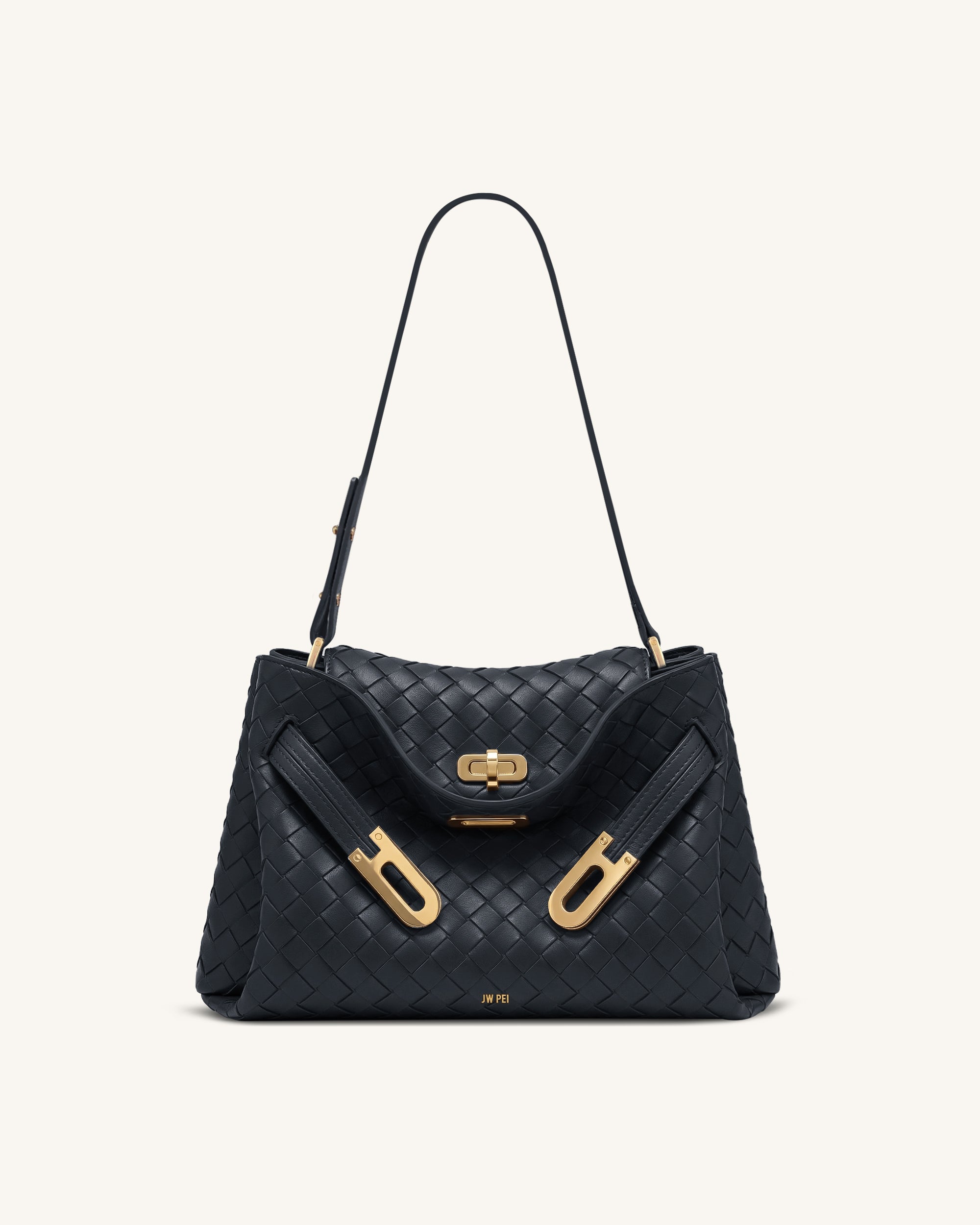 Rhea Woven Texture Double Buckle Shoulder Bag - Navy Blue | JW PEI
