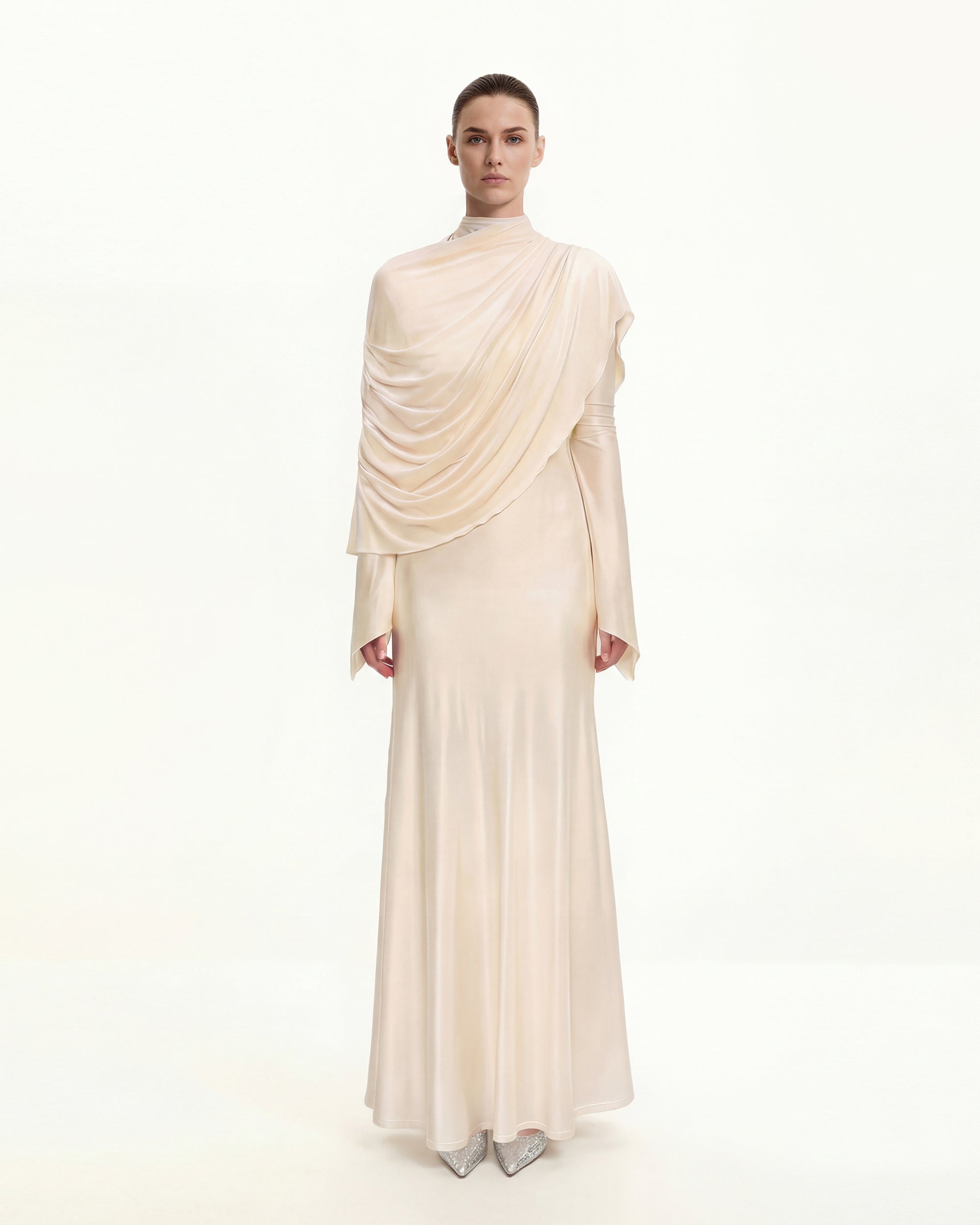 sheer bodycon maxi dress Sheer Shawl Ruched Bodycon Maxi Gown - Cream 4