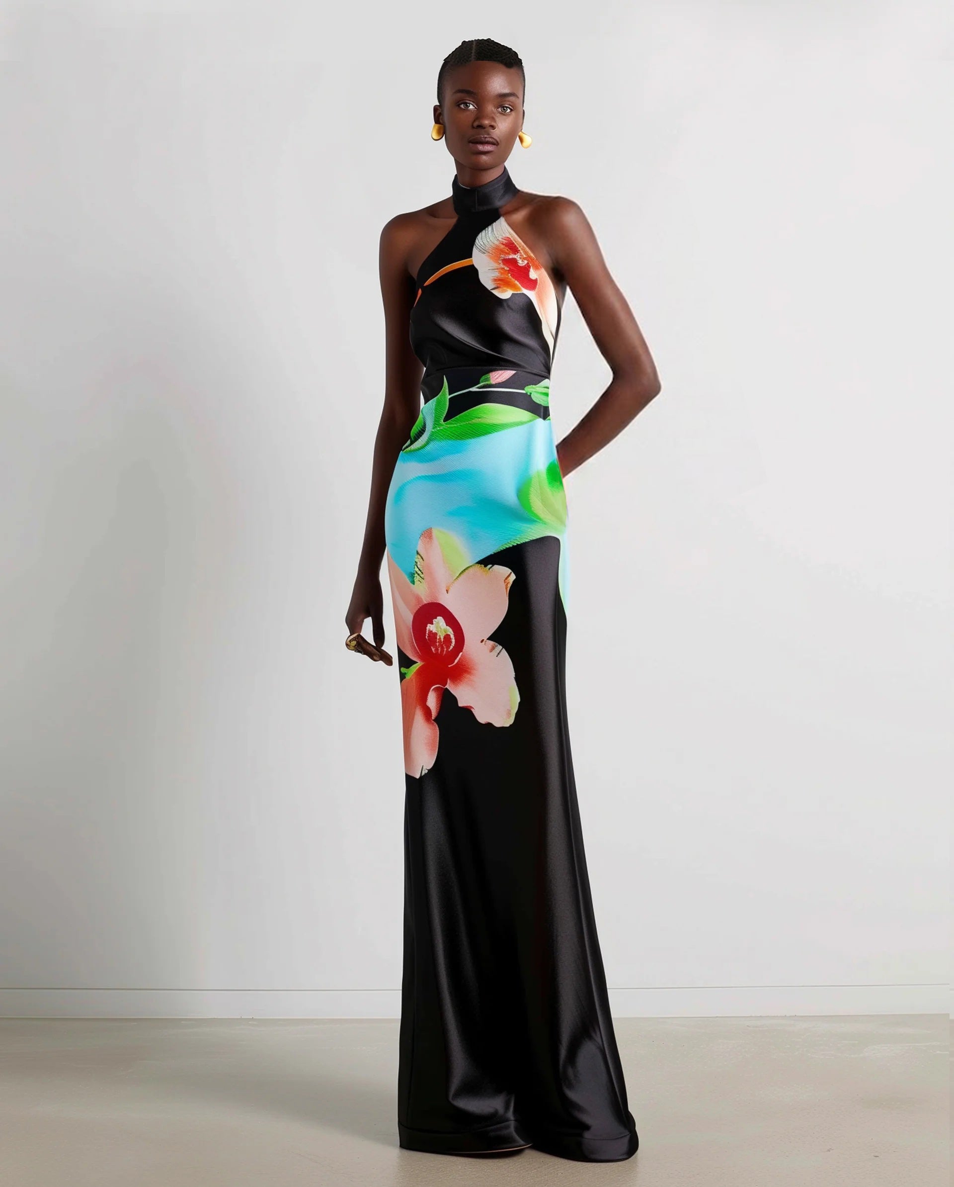 Floral Satin Halter Dress - Multicolor Black 10 | UK Floral Satin Halter Dress - Multicolor Black 10 | UK