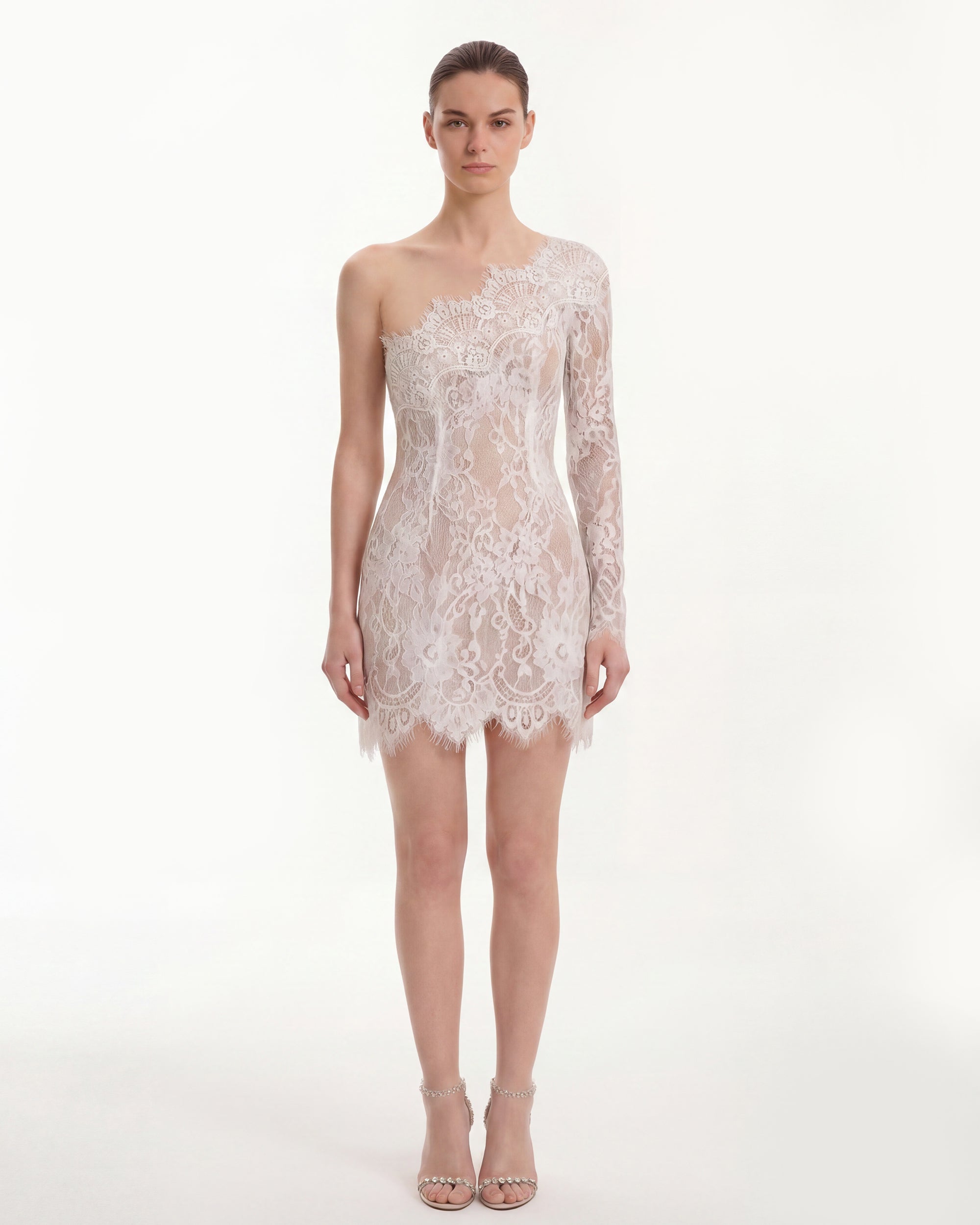 One Shoulder Lace Mini Dress - White 8