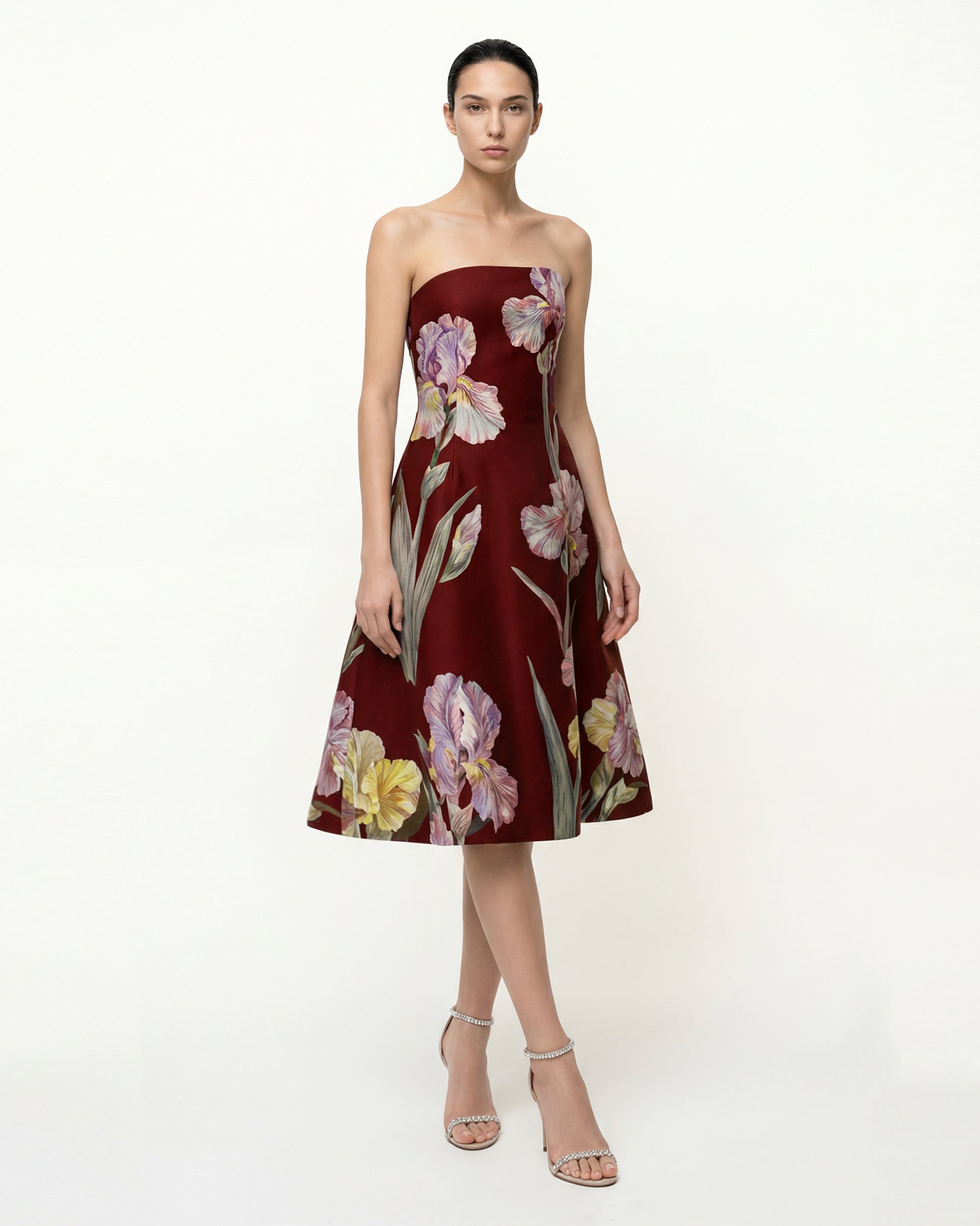 burgundy print dress Iris Floral Strapless A-Line front bodice launch_2026-07-10 Size:S (US 2, Long Sleeve) Silk-satin trimmed double-breasted grain