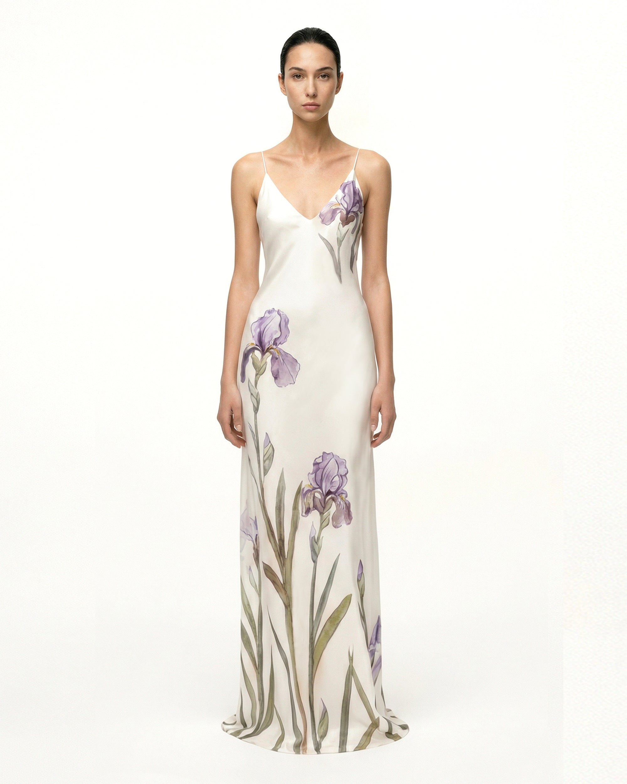 Iris Motif Satin Slip Gown - White, 6 | US