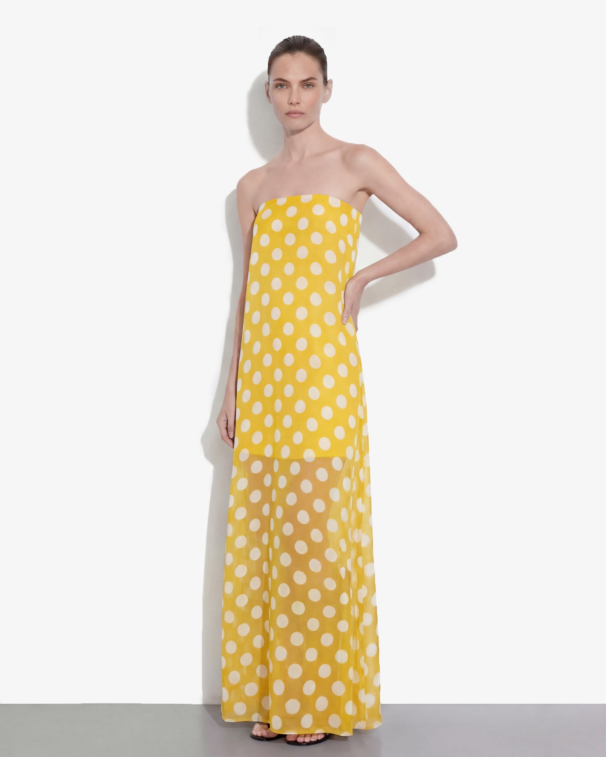yellow maxi strapless dress Polka-Dot Strapless Maxi Dress - Yellow