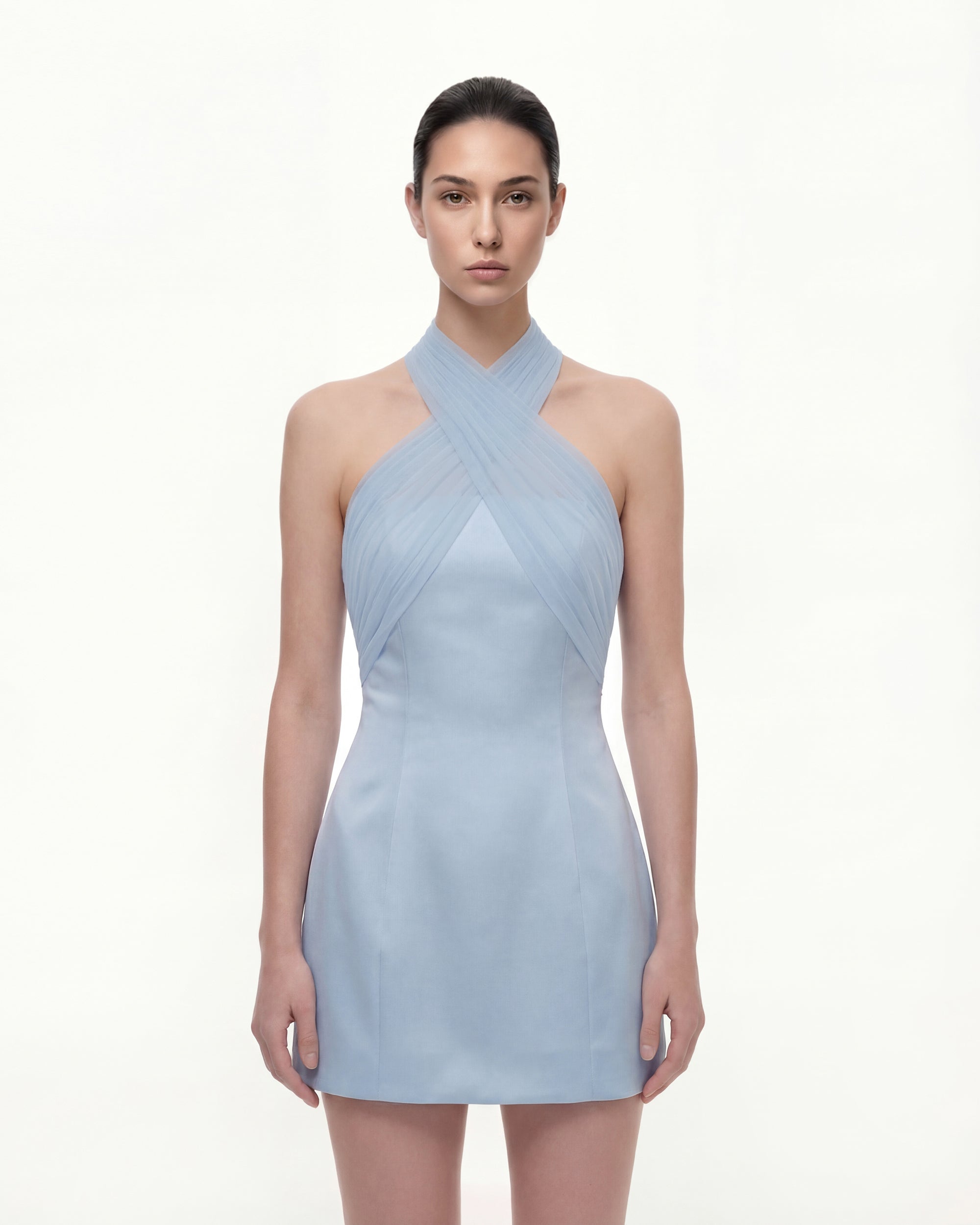 Satin Mini Dress with Tulle Cross-Halter - Blue | JW PEI Satin Mini Dress with Tulle Cross-Halter - Blue | JW PEI