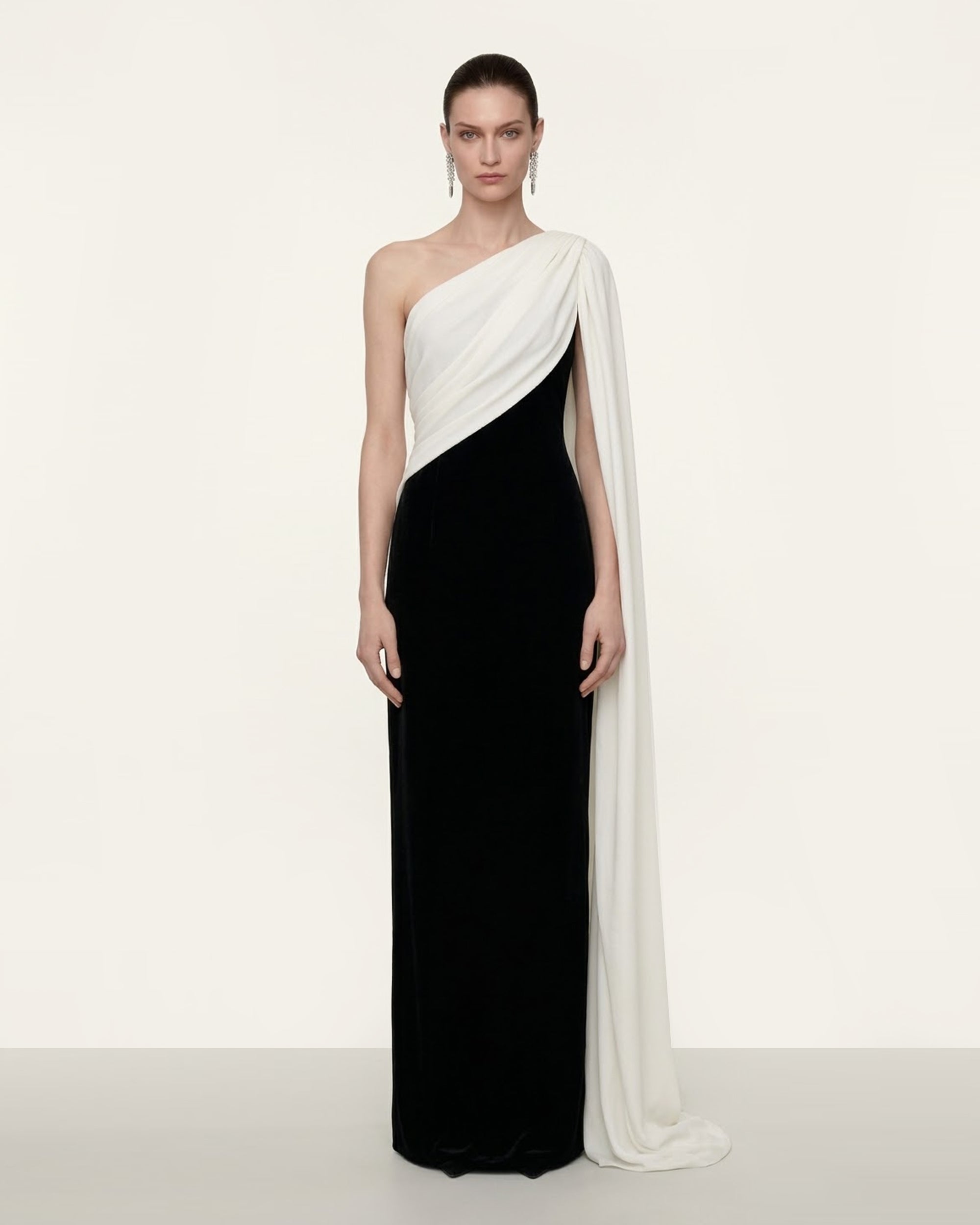 One Shoulder Draped Maxi Dress - Black White 6