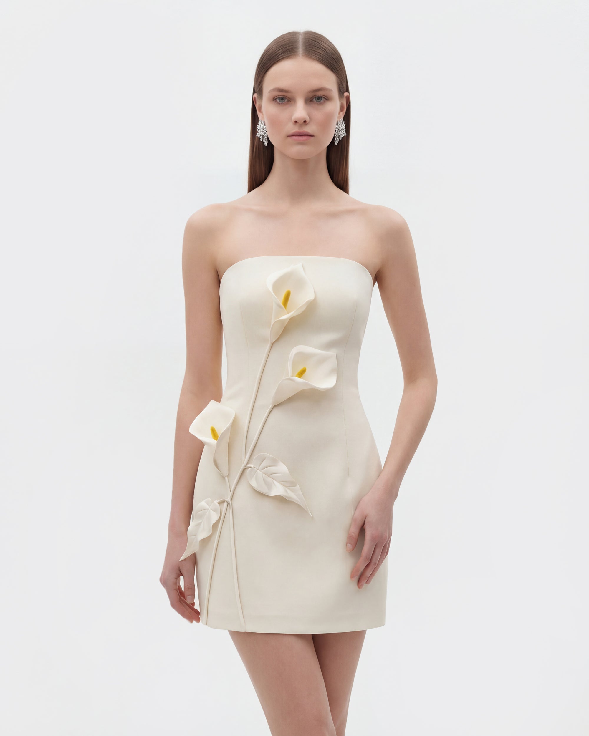 white dress with floral applique Strapless Floral Appliqué Dress - White 8
