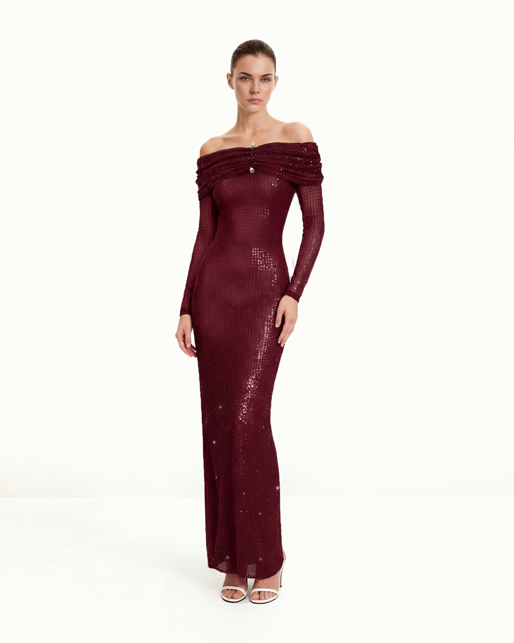 eyes on me rhinestone mesh maxi dress Off-Shoulder dress_type_Fit and Flare and a sassy back Karoline Leavitt sparks drama: Color:Black/Dusty Coral