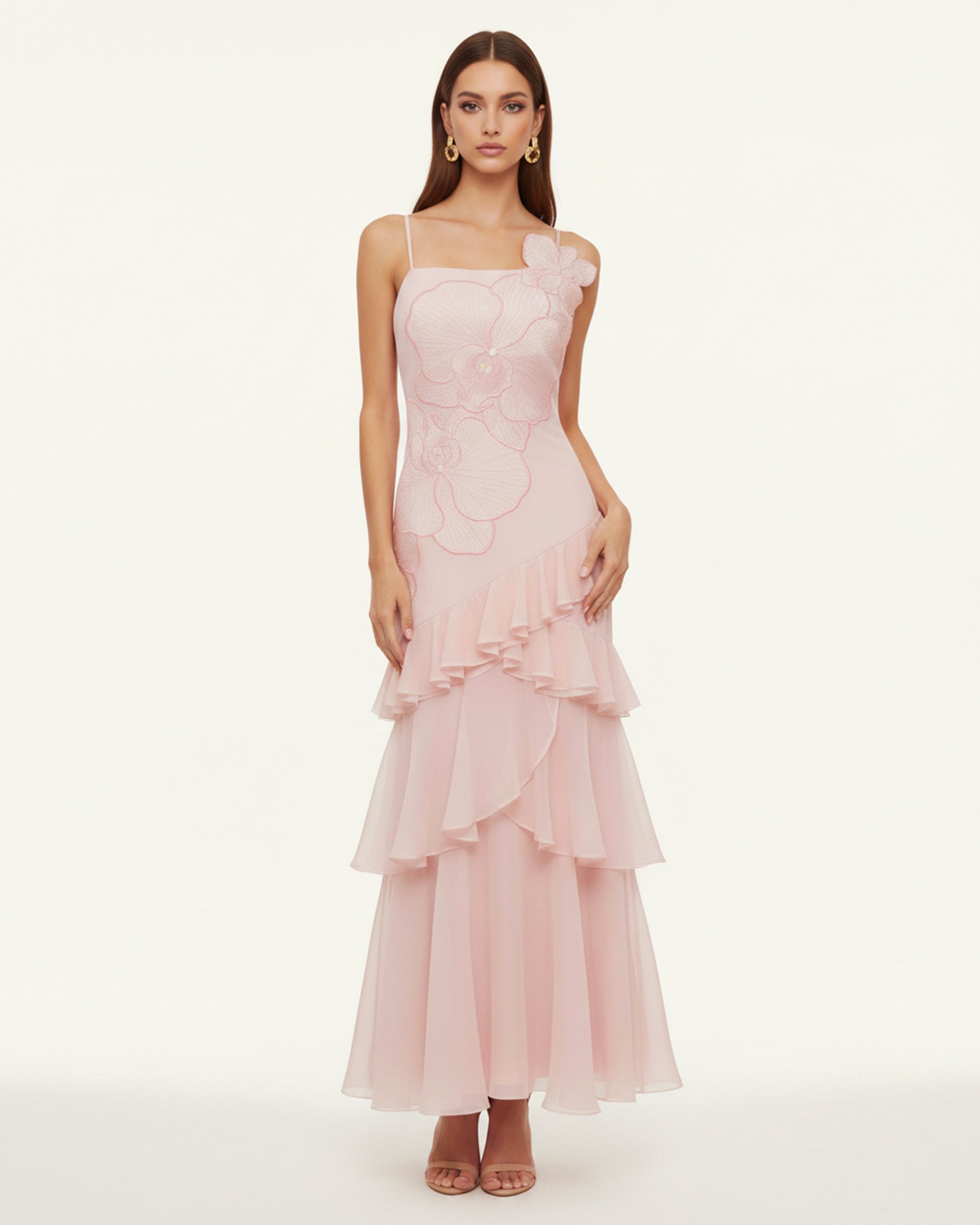 Orchid Embroidered Ruffled One-Shoulder Maxi Dress - Blush Pink 6