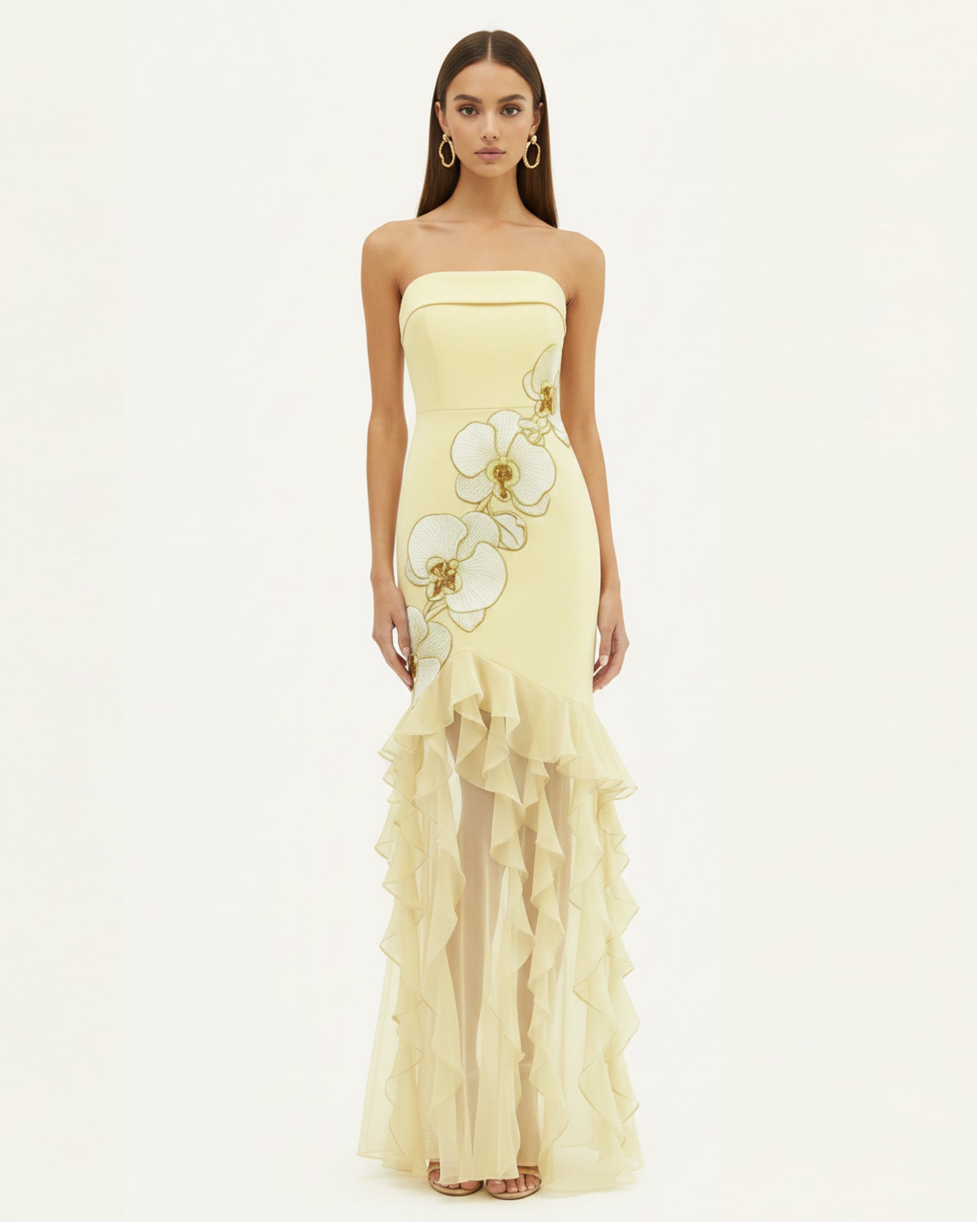 pale yellow maxi dresses Orchid Embroidered Ruffled Strapless Maxi Dress - Pale Yellow 8