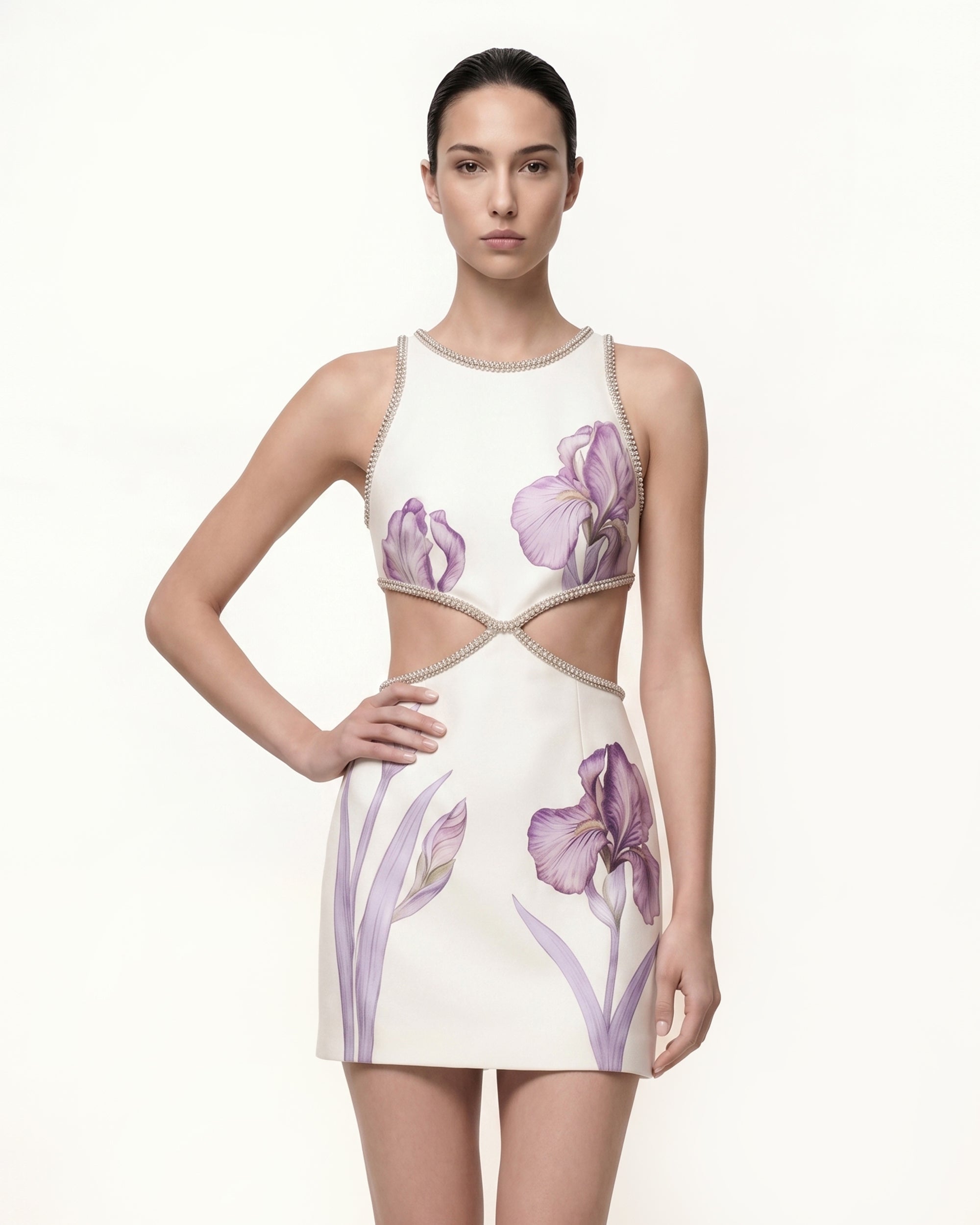 Beaded Trim Floral Mini Dress