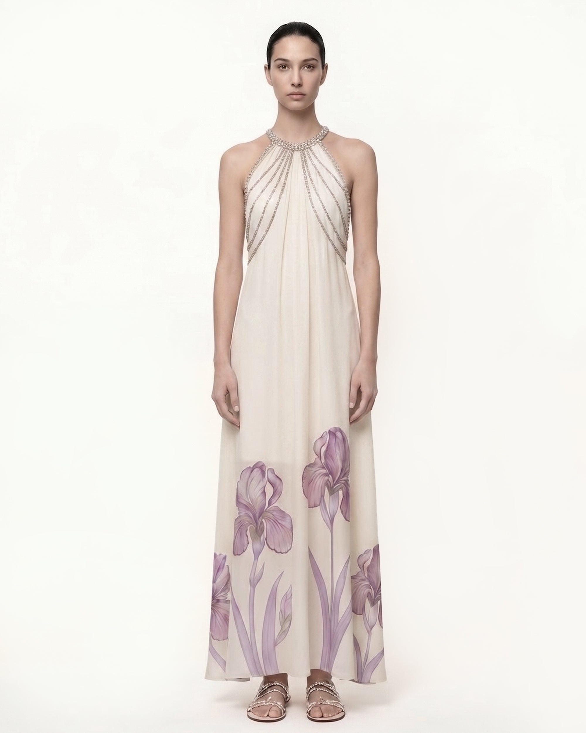 Jeweled Floral Print Halter Maxi Dress - Ivory
