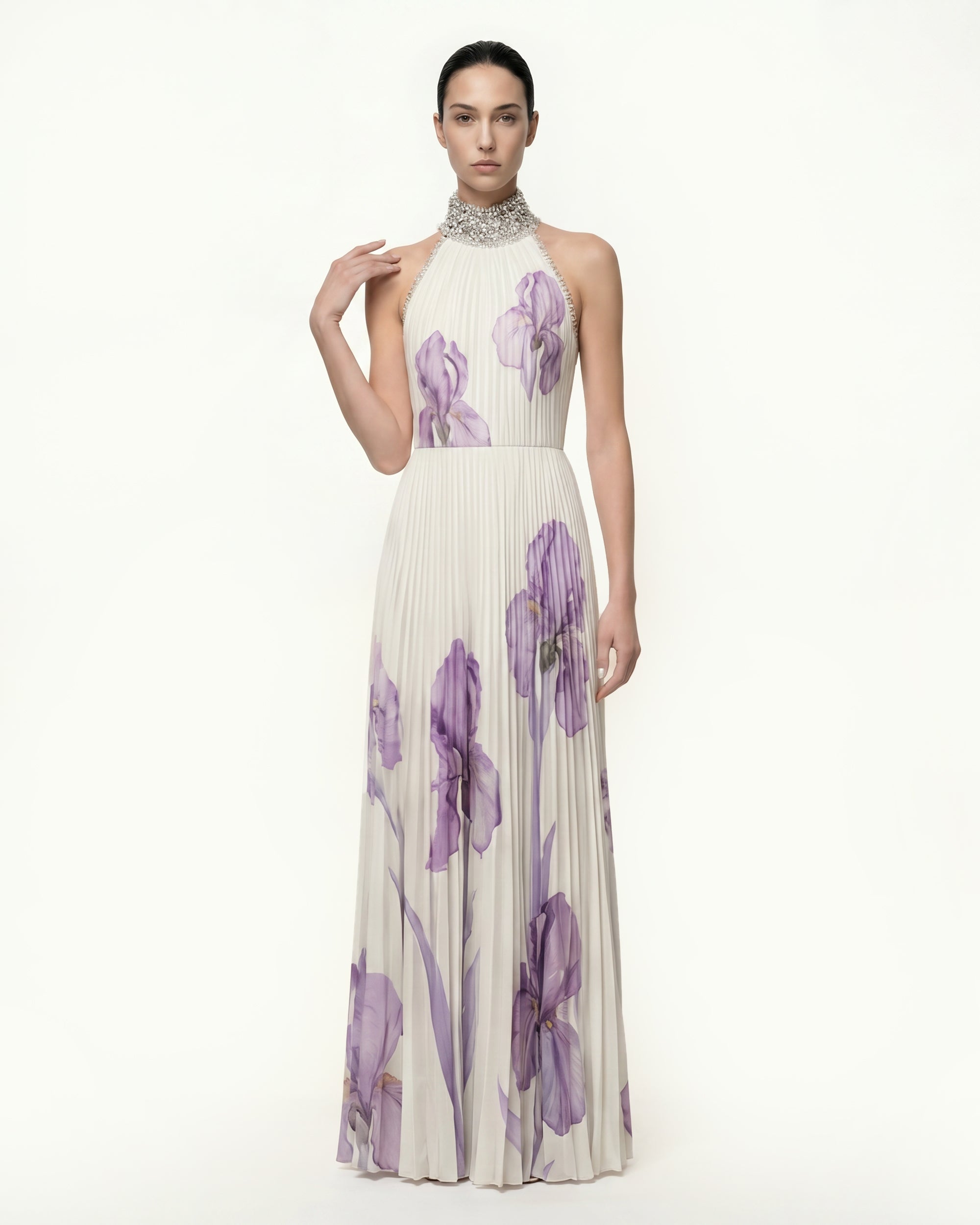 halter pleated maxi dress Jeweled-neck Halter Pleated Iris Print Maxi Dress - White/Purple 8