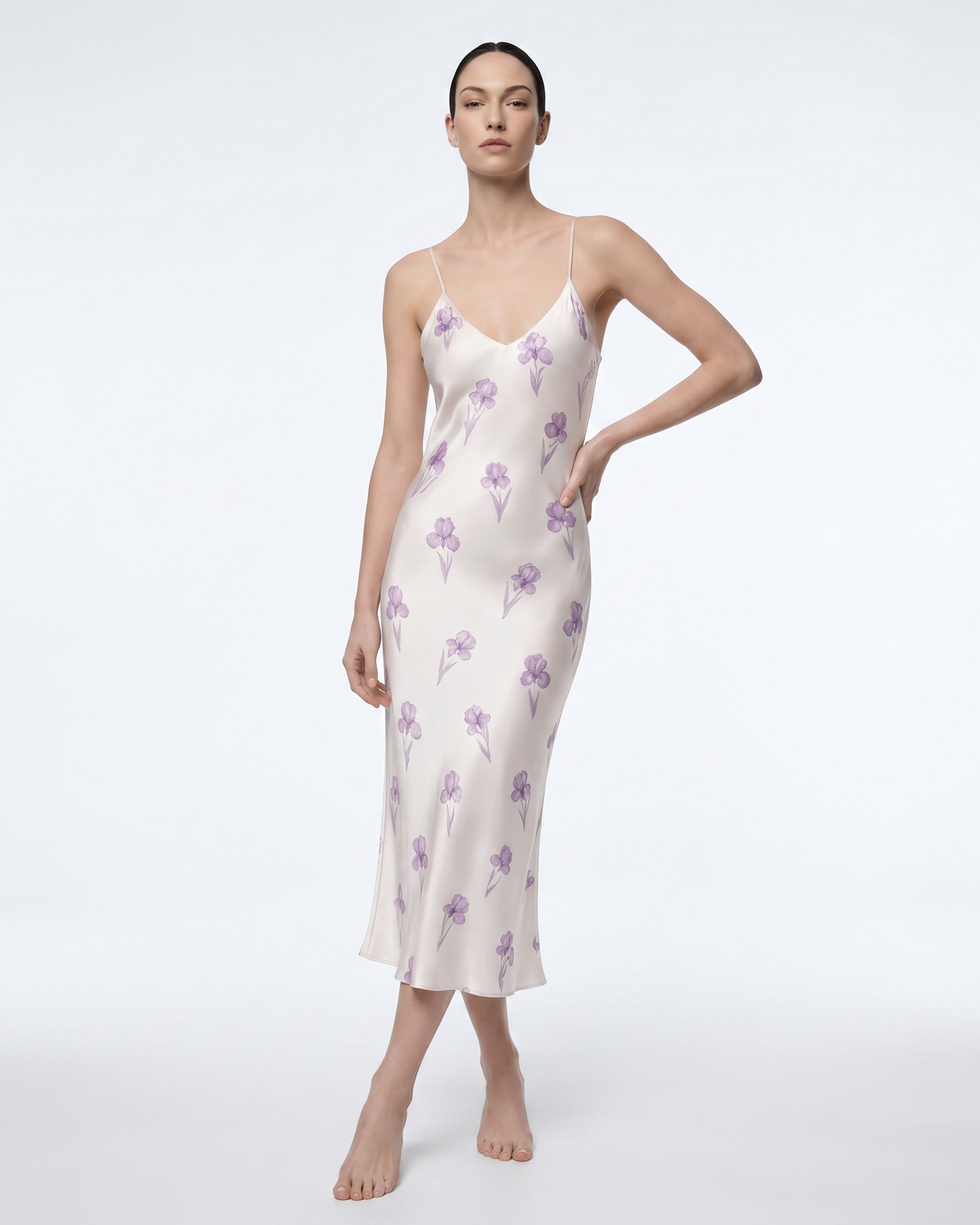 Iris Print Satin Bias Cut Slip Midi Dress - White/Purple | JW PEI Iris Print Satin Bias Cut Slip Midi Dress - White/Purple | JW PEI