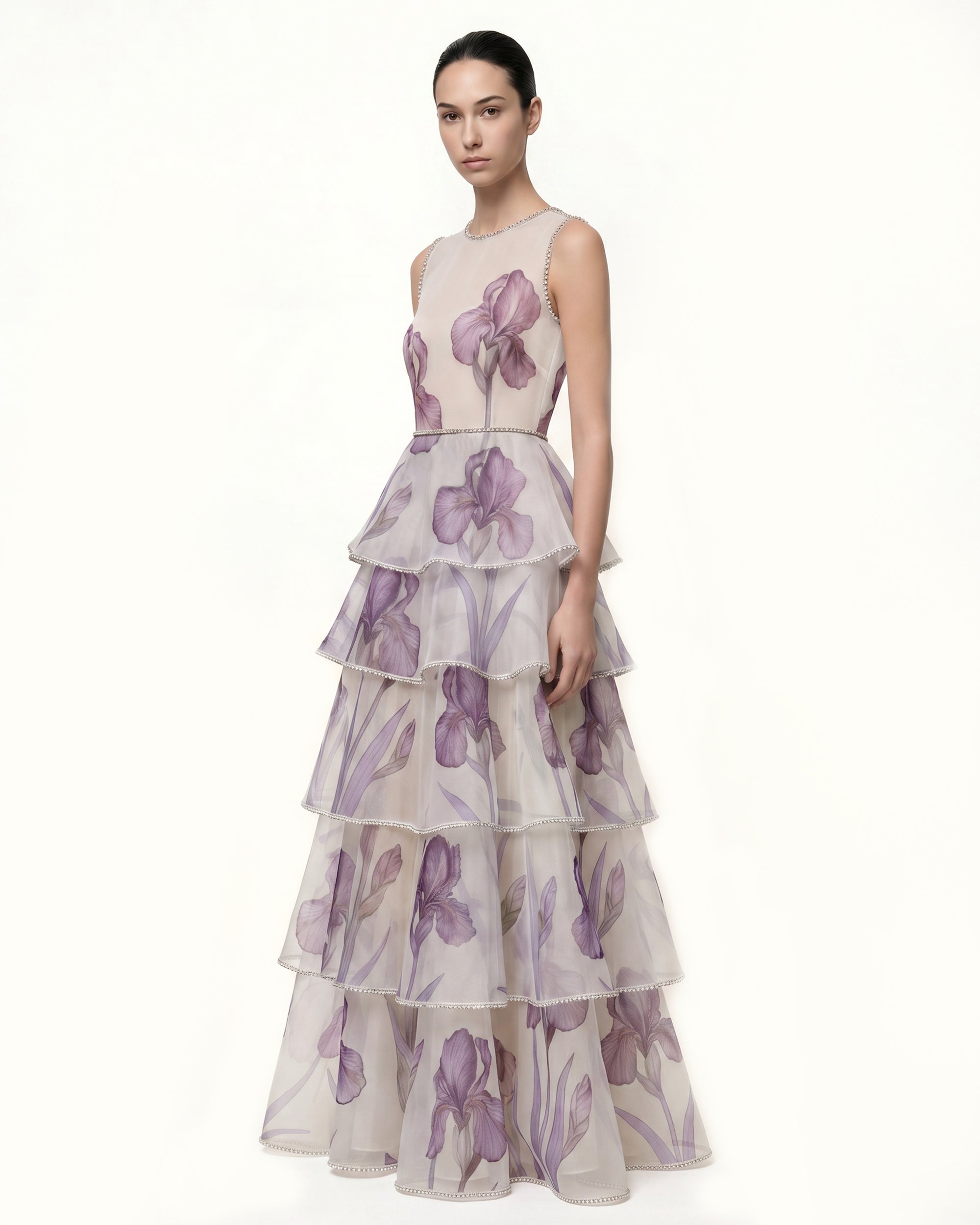 purple and white maxi dress Jeweled-Trim Tiered Iris Print Organza Maxi Dress