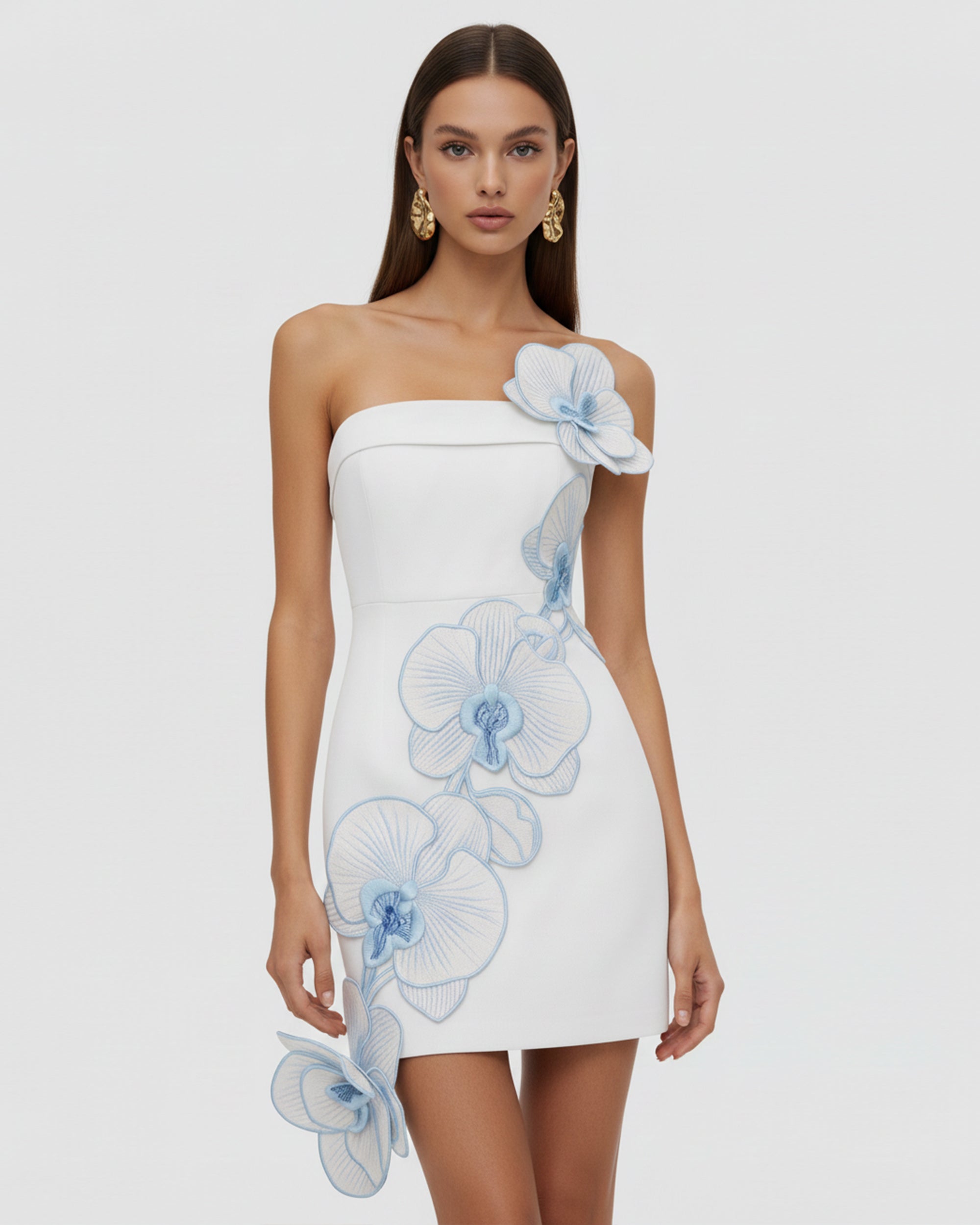 embroidered blue and white dress Orchid Embroidered Floral Appliqué Strapless Mini Dress - White Blue 4