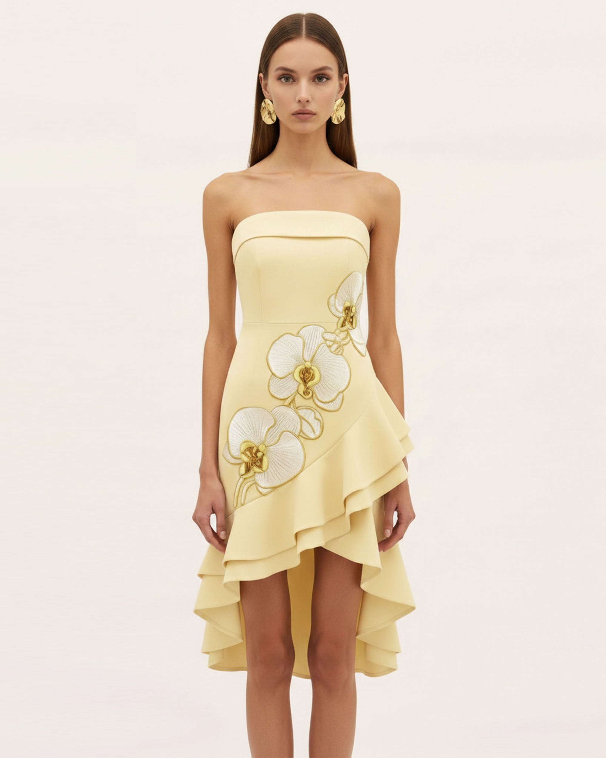Orchid Embroidered Asymmetrical Strapless Midi Dress - Pale Yellow | JW PEI