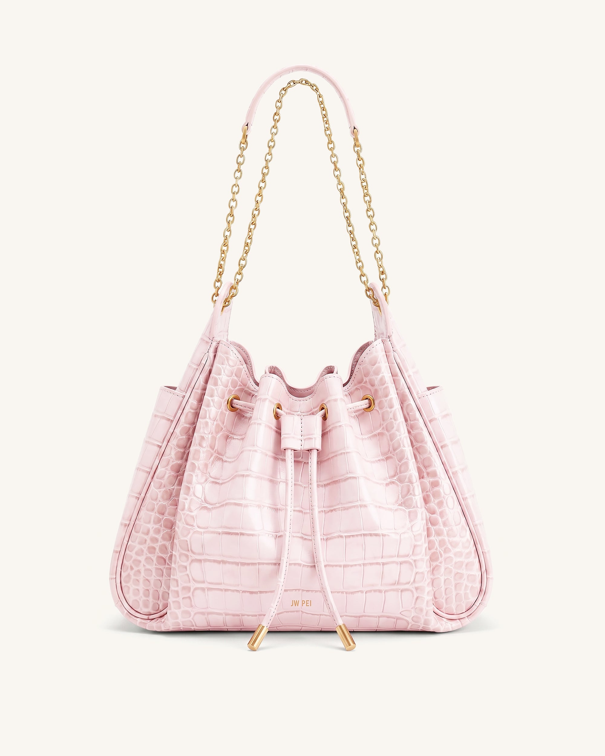 chain detail mini bucket backpack Rowan Ruched Drawstring Chain Bucket Bag