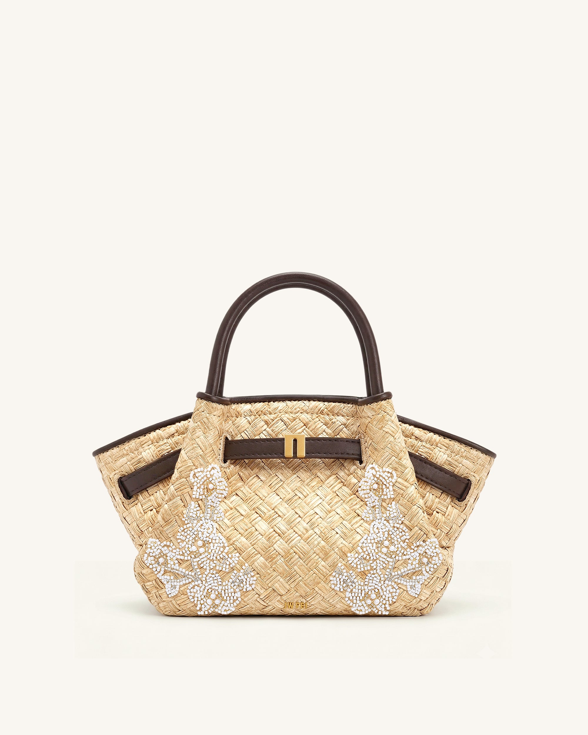 Hana Mini Faux Straw Beading Tote Bag - Brown | JW PEI