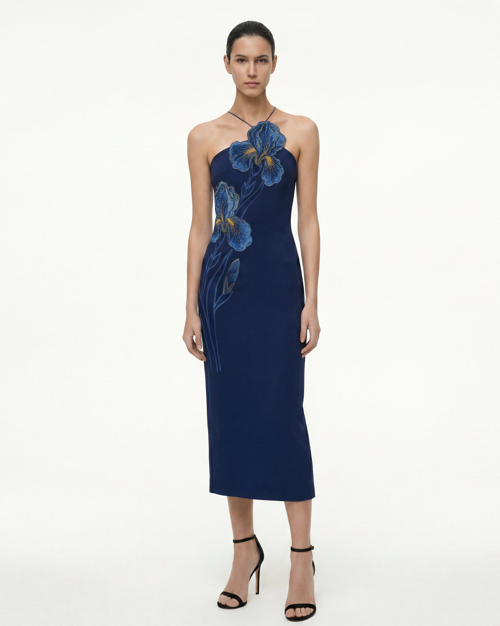navy blue halter midi dress Cherished Moments Navy Blue Lace Halter Bodycon Midi Dress