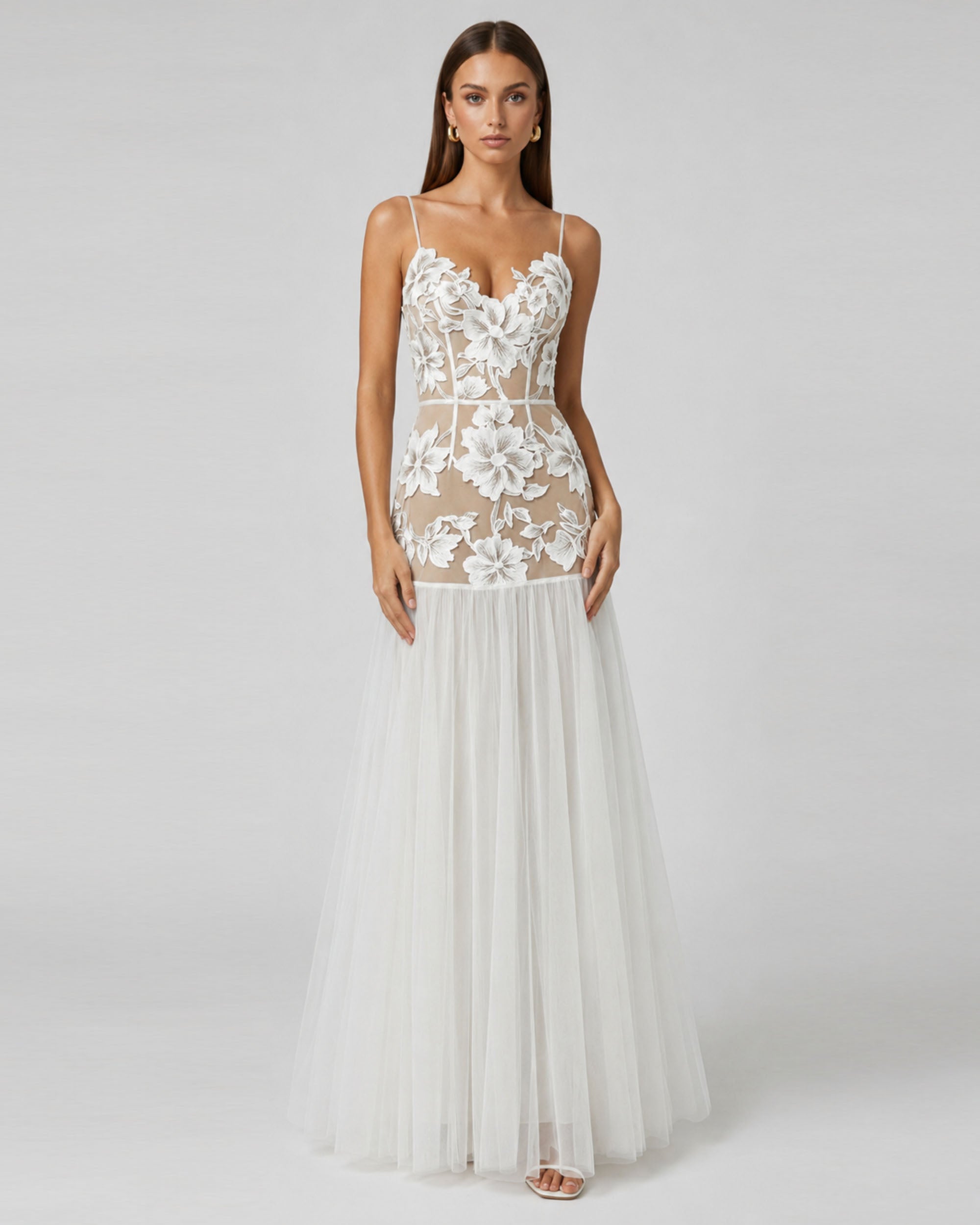lace applique sheer dress Sheer Applique Slit Bridal Gown by Adrianna Papell 31219  ABC Fashion