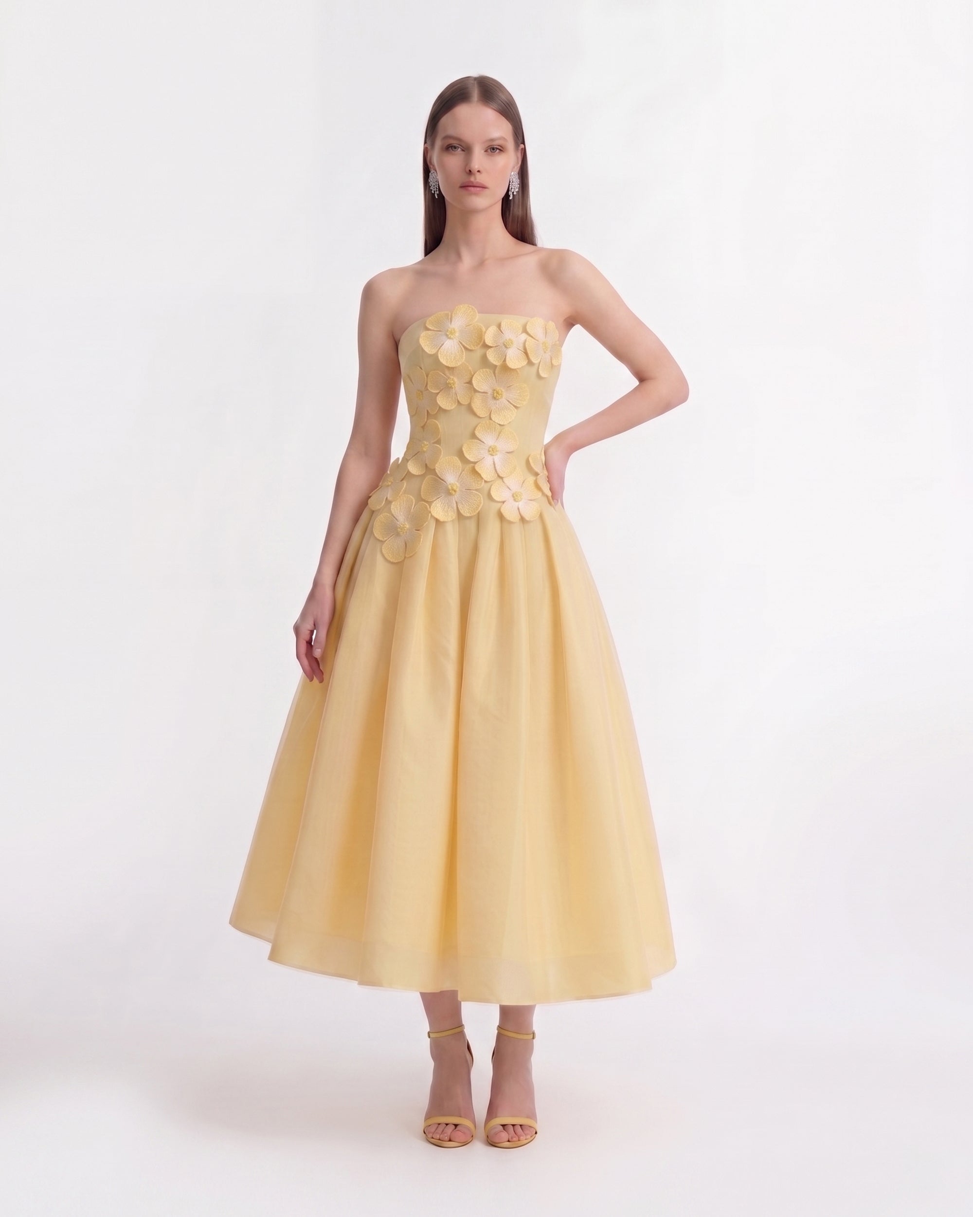 Floral Appliqu Strapless A-Line Midi Dress - Yellow | JW PEI Floral Appliqu Strapless A-Line Midi Dress - Yellow | JW PEI