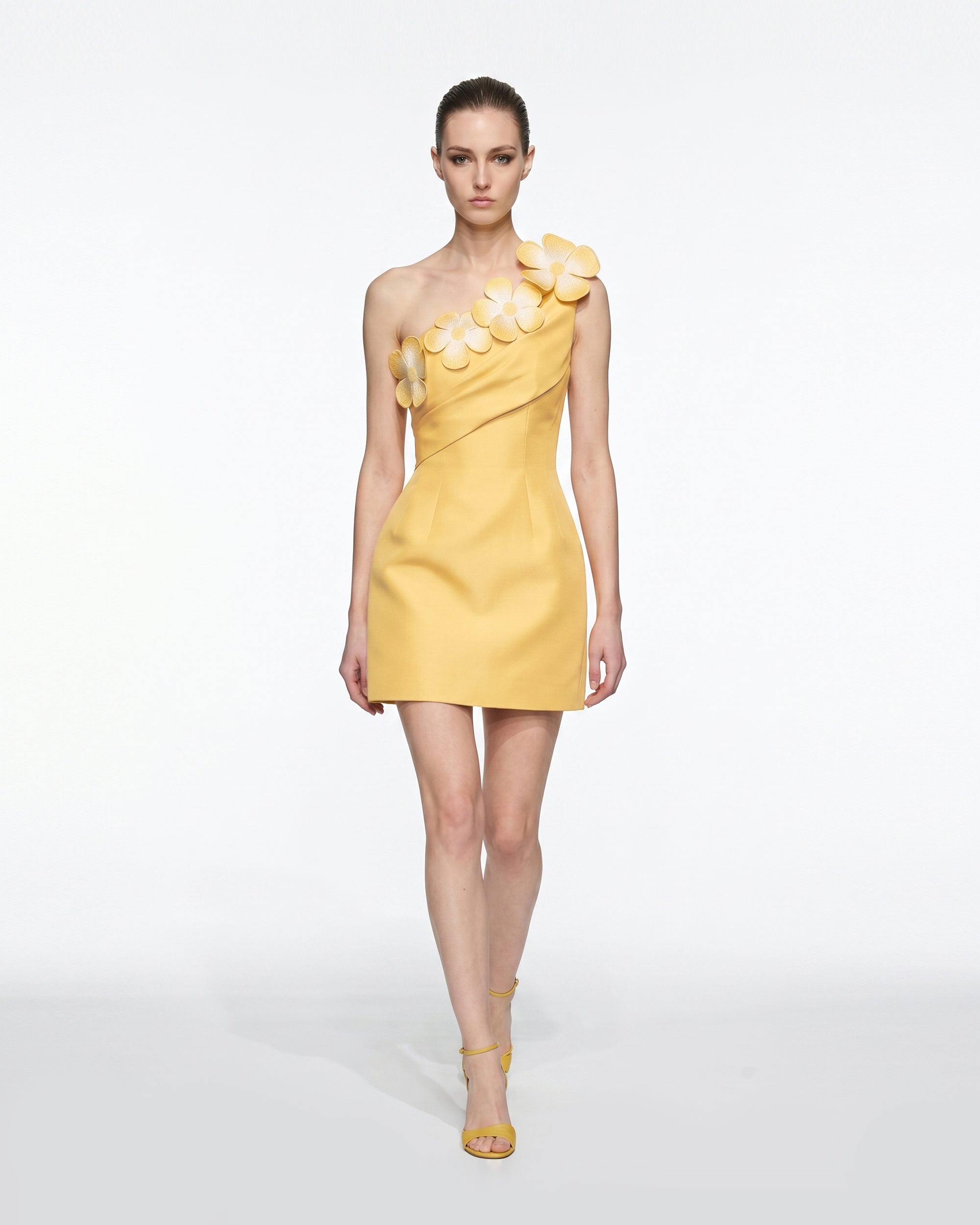 yellow silk mini dress Floral Appliqué One Shoulder Mini Dress - Yellow 4