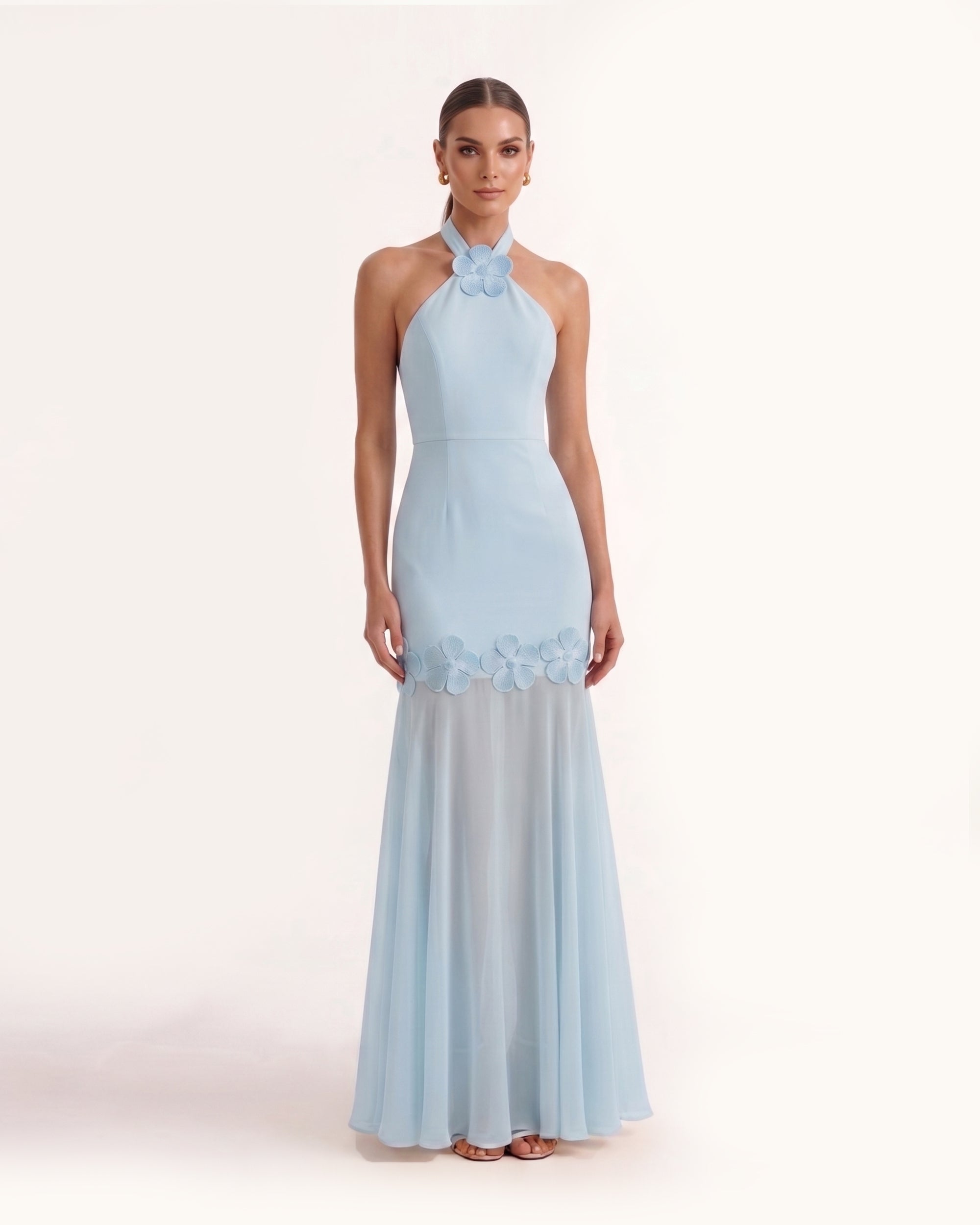 Floral Embroidered Halter Chiffon Maxi Dress - Blue 10