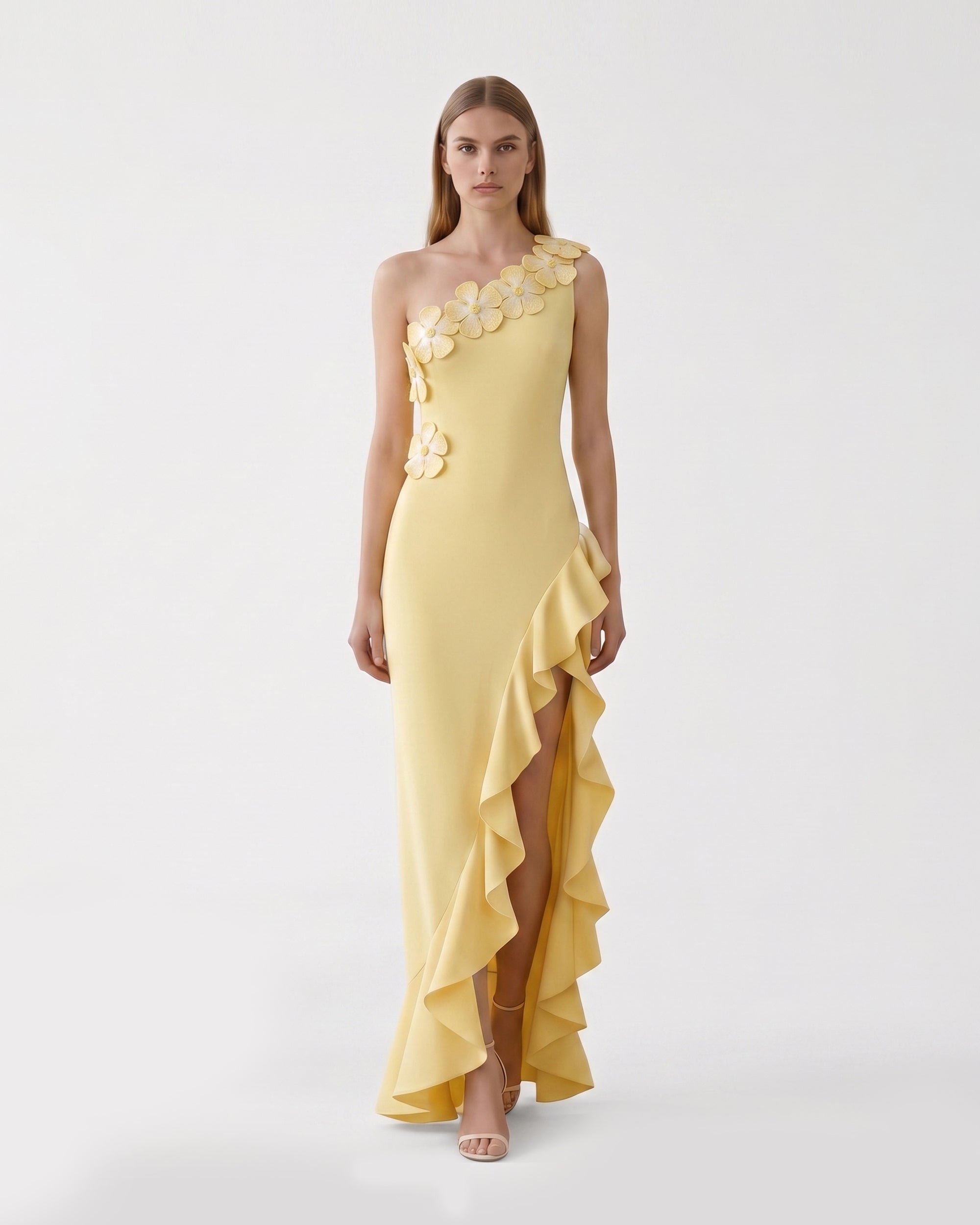 Floral Appliqué One Shoulder Ruffle Slit Dress - Yellow, 2