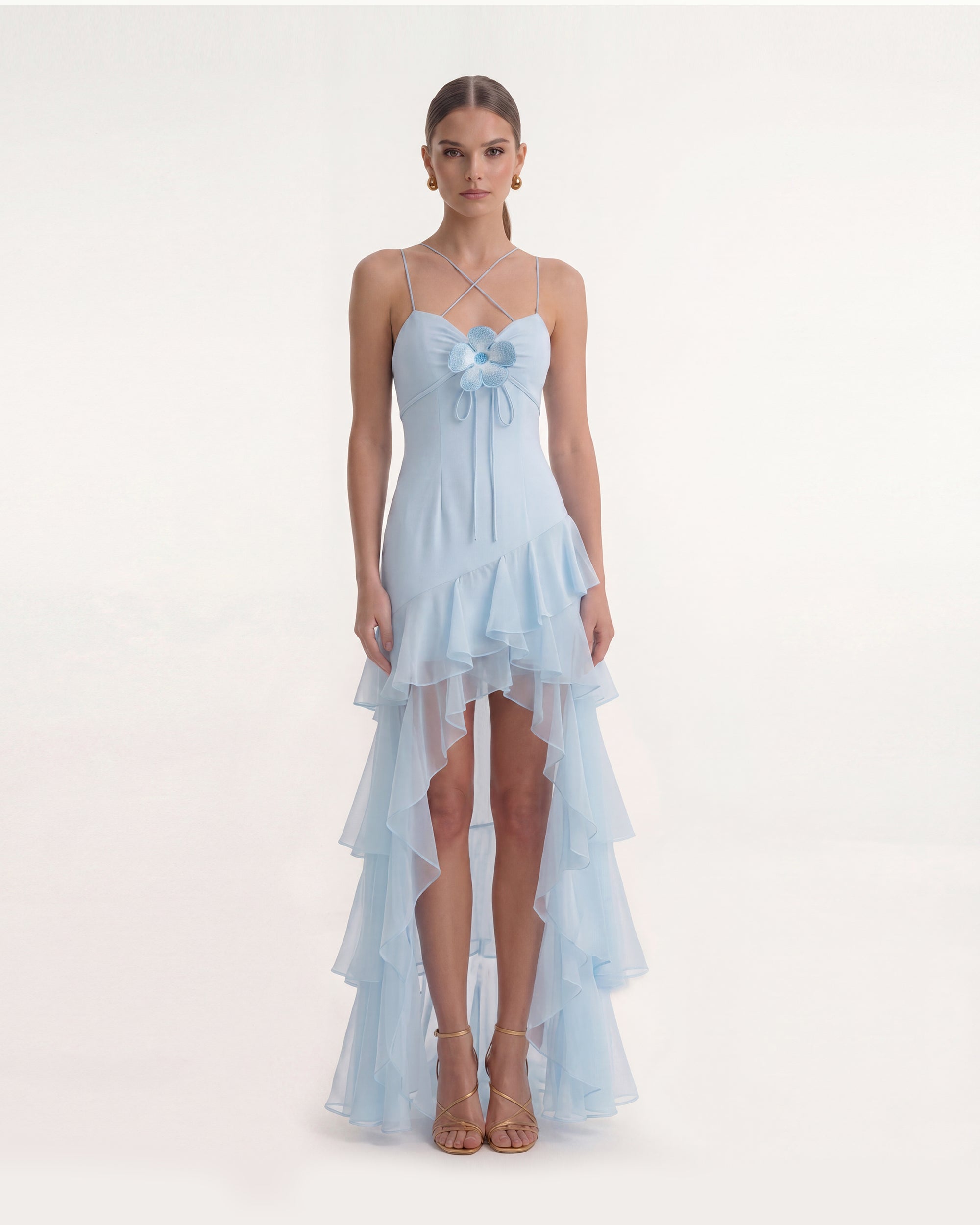 Floral Appliqu High-Low Ruffle Chiffon Dress - Blue | JW PEI Floral Appliqu High-Low Ruffle Chiffon Dress - Blue | JW PEI