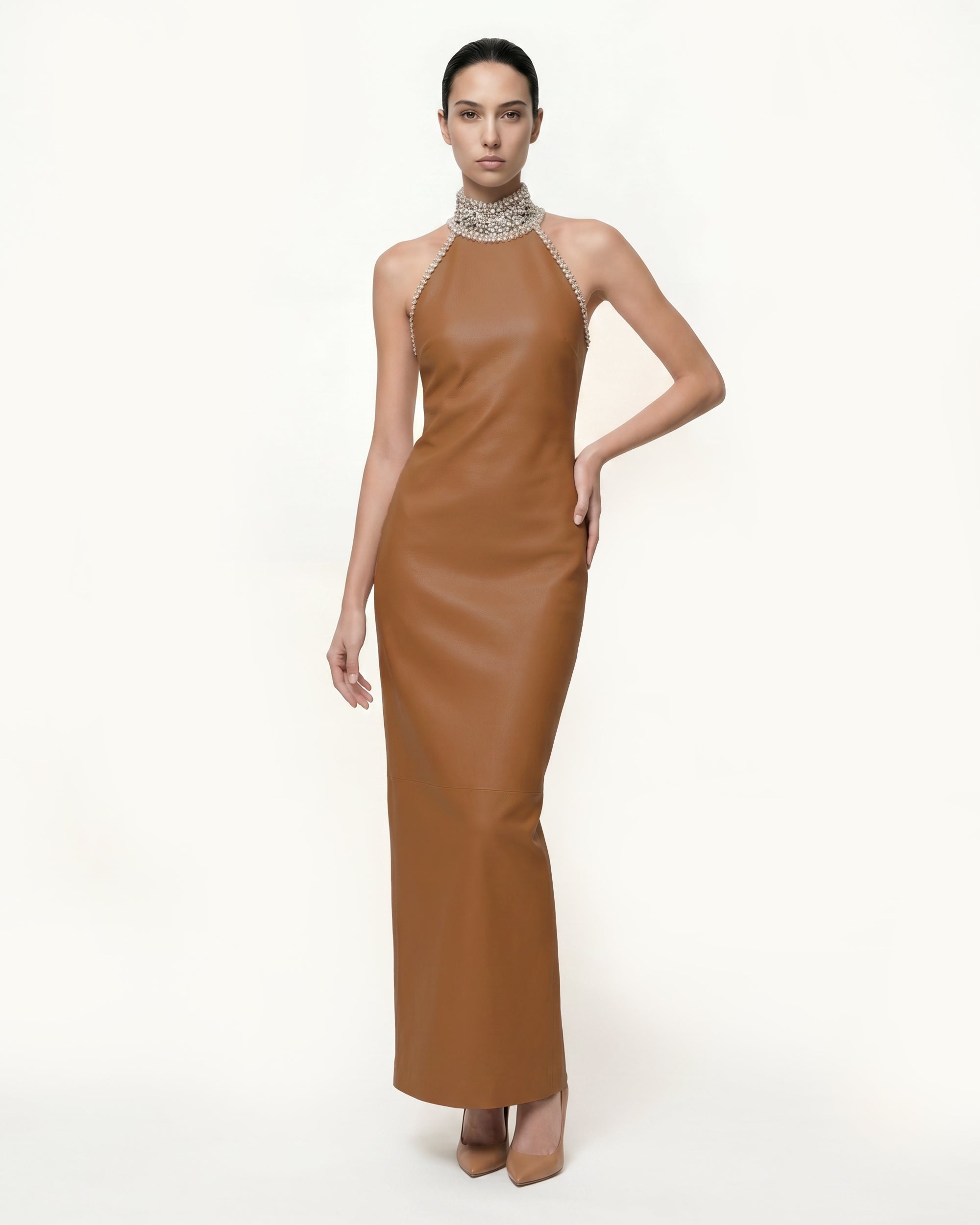 Jeweled High Neck Halter Maxi Dress - Caramel Brown 6