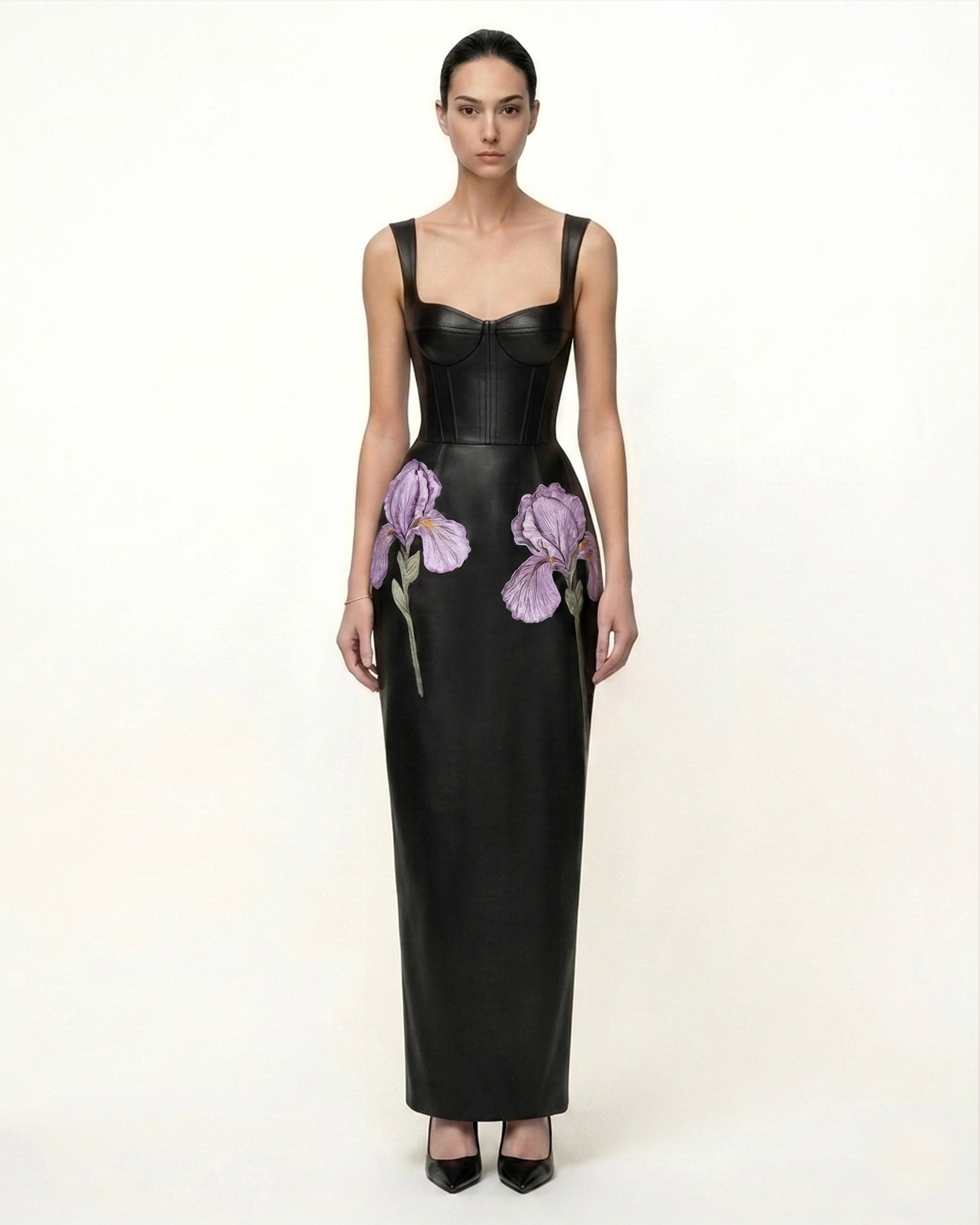 Iris Floral-Print Strappy Corset Leather Maxi Dress - Black 10 | US