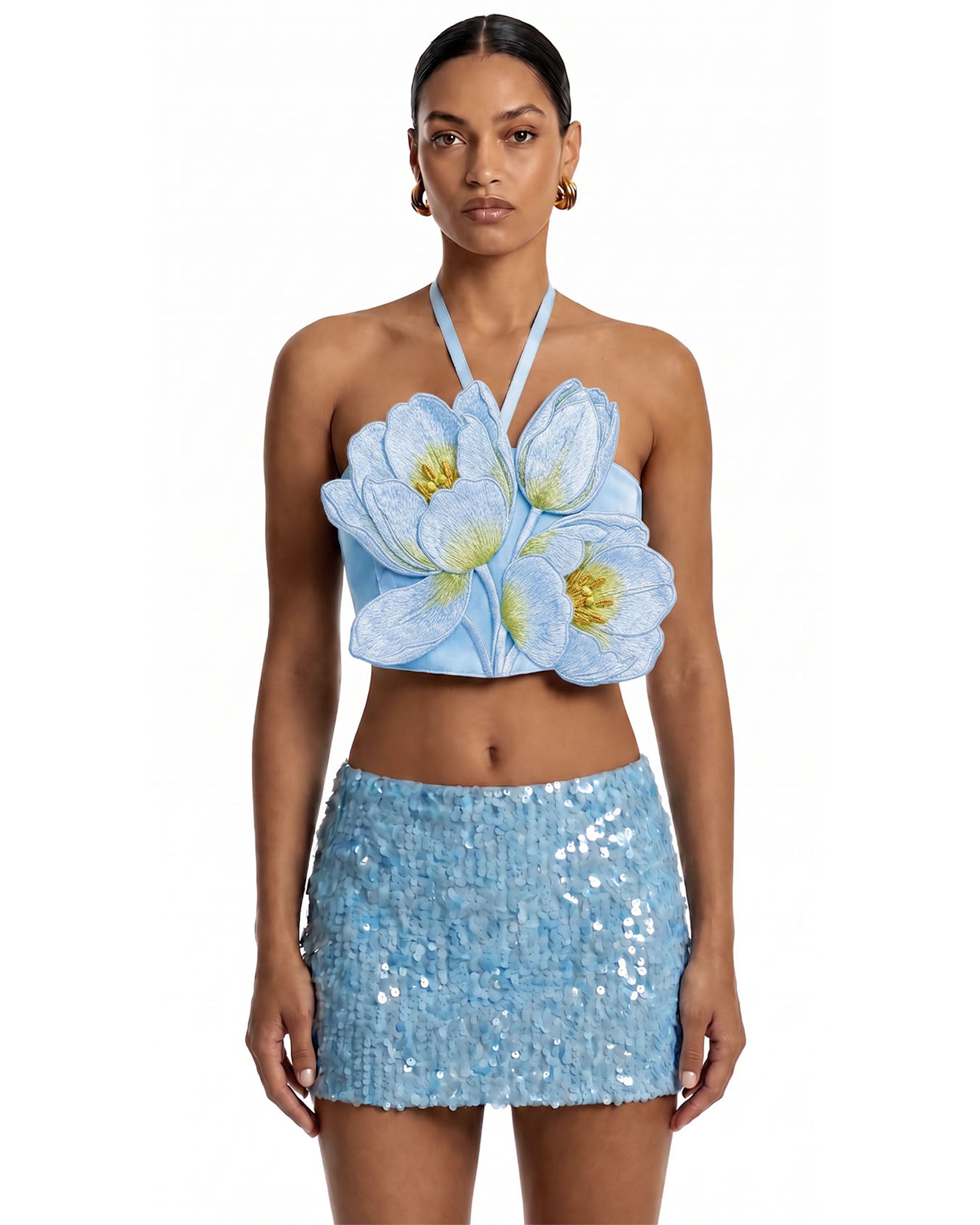 3D Floral Appliqué Halter Crop Top - Blue | JW PEI