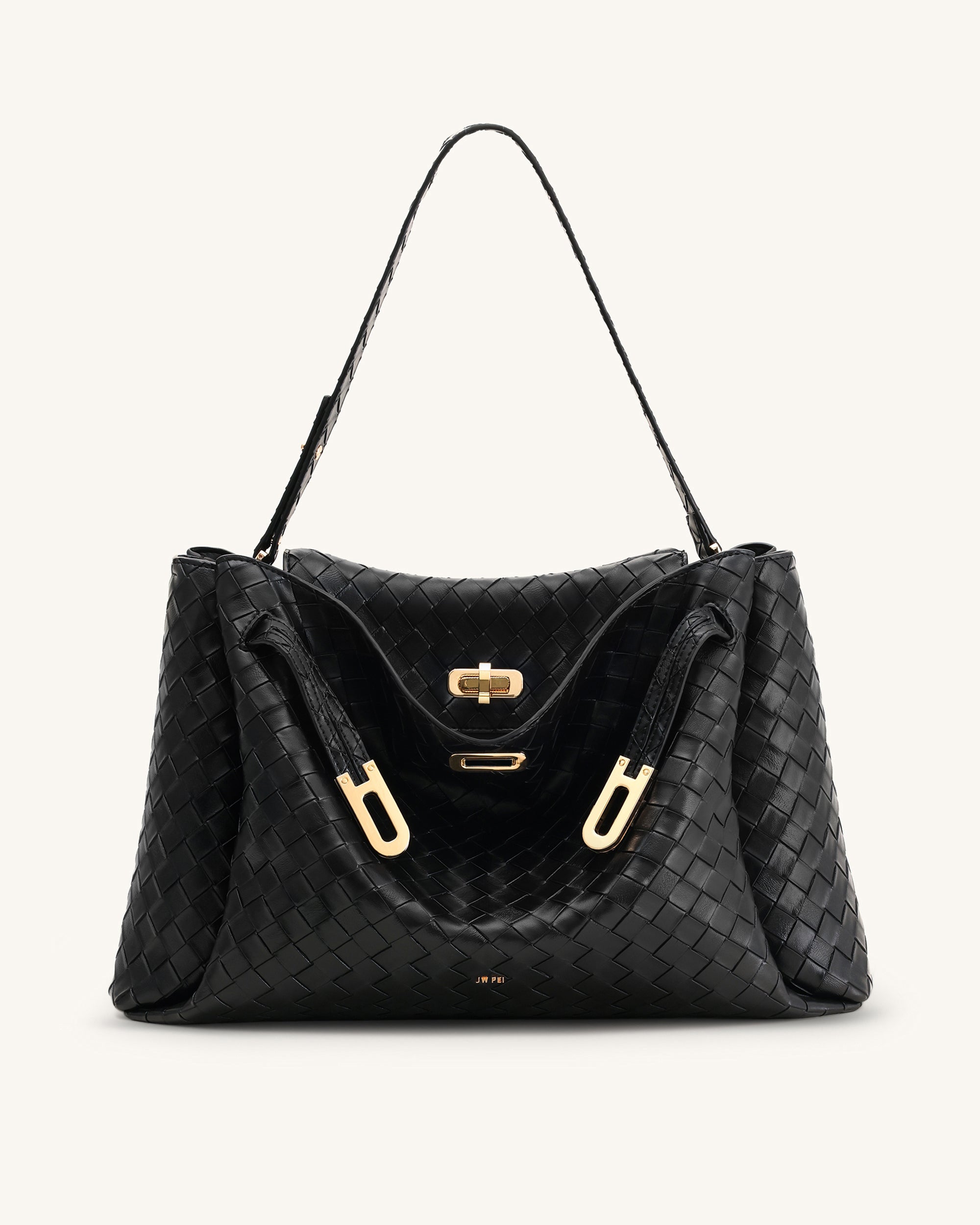 Rhea Large Woven Textured Shoulder Bag - Black | JW PEI