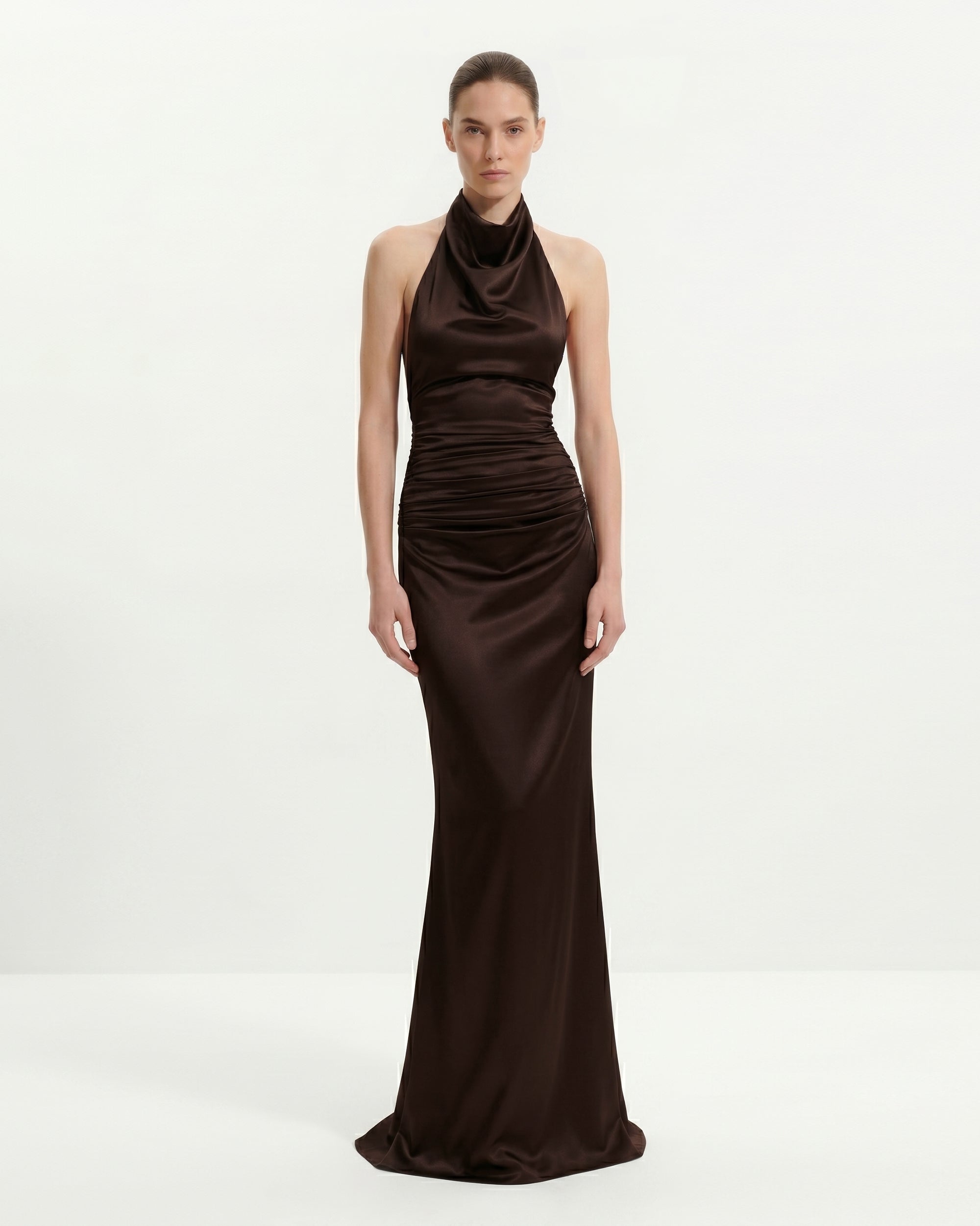 satin cowl neck ruched dress Olive Coast Satin Cowl Neck Ruched Detail Midi Dress